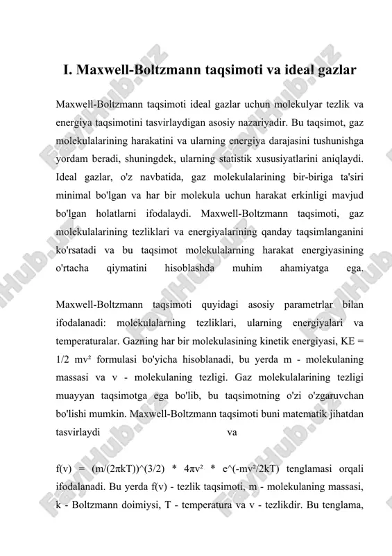 n. gaz harorati oshib borishi bilan taqsimotning o'rtacha tezligi va energiyasi ham oshadi. o'rtacha kinetik energiya esa quyidagi formula orqali aniqlanadi: ke_avg = (3/2)kt bu yerda ke_avg - o'rtacha kinetik energiya, k - boltzmann doimiysi, t - haroratdir. bu formula ideal gazlar uchun keng qo'llaniladi va gazning harorati oshgan sari molekulalarning o'rtacha energiyasi ham oshishini ko'rsatadi. ideal gazlarning energiya taqsimotini hisoblash usullari turli xil matematik va statistik metodlarni o'z ichiga oladi. bunday usullar gaz molekulalarining tezliklari va energiyalari o'rtasidagi munosabatlarni tushunishga yordam beradi. birinchi navbatda, gazning haroratini aniqlash kerak, bu esa ideal gaz qonunidan kelib chiqib amalga oshiriladi: pv = nrt. bu yerda p - bosim, v - hajm, n - mol soni, r - gaz doimiysi, t - haroratdir. bundan tashqari, ideal gazlar uchun o'rtacha tezlik va energiya taqsimoti hisoblanayotganda, molekulalar sonining ko'payishi va turli haroratlar o'zaro ta'sirini hisobga olish lozim. bunday hisob-kitoblar odatda kompyuter simulyatsiyalari orqali amalga oshiriladi, …