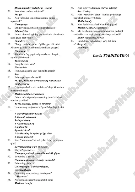 qaysi yo’llar orqali hirotga yo’l oladi? childuxtaron va toshrabot 87. boburning ammalari kimlar? 1). xadichabegim 2). ofoqbegim 3). poyanda sultonbegim 88. bobur qaysi ammasi bilan ta’zimsiz ko’rishadi? ofoqbegim 89. poyanda sultonbegimning uyiga borganda qayerdan joy qilib berdi? bog’i navda 90. bog’chaning o’rtasida ixchamroq imorat bunyod topgan. u qaysi imorat? tarabxona 91. “ikki qavatlik, to’rt burchagida to’rt hujrasi bor, bu to’rt hujraga olib kiradigan uy istirohat xonasidir” .bu ta’riflar qaysi imoratga tegishli? tarabxona 92. yuqorida keltirilgan imoratni kim qurgan? bobur mirzo 93. bobur kimning sharofati bilan zohid va taqvodor bo’libdi? xoja qozi 94. boburning ta’rificha qaysi xalq hazil bilan tirik xalqdir? xuroson eli 95. bazmda san’atkorlardan kimlar bor edi? jaloliddin mahmud, shodibacha, hofiz hoji 96. qaysi san’atkori yaxshi, muloyim va nozik aytardi? hofiz hoji 97. qaysi san’atkori qo’shiqni baland, qo’pol va notekis aytardi? mirjon 98. muzaffar mirzo solgan yangi qishloq uyiga borganda kim raqqoslik qildi? yusuf ali ko’kaldosh 99. kim o'zbekcha …