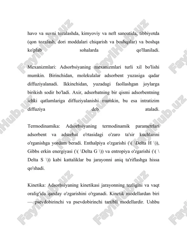 **xususiyatlari**: yuqori sirt maydoni, yuqori adsorbsiyon qobiliyati, kimyoviy barqarorlik. - **qo‘llanilishi**: suvni tozalash, havoni tozalash (masalan, gaz maskalari va filtrlarda), oziq-ovqat va dorilar sanoatida, oltin qazib olishda. 2. **zeoilitlar**: - **tarkibi va tuzilishi**: zeolitlar - alyuminosilikat minerallar bo‘lib, mikropora tuzilishga ega. ular odatda tabiiy va sintetik turlarga bo‘linadi. - **xususiyatlari**: ion almashtirgich xususiyati, selektiv adsorbsiyon, to‘yinganlikda barqarorlik. - **qo‘llanilishi**: neft-kimyo sanoatida katalizatorlar sifatida, gaz ajratishda, suvni yumshatishda. 3. **silika gellar**: - **tarkibi va tuzilishi**: silika gel - amorf silika (sio2) bo‘lib, yuqori ko‘poyma hajmiga ega. - **xususiyatlari**: yuqori namlik adsorbsiyon qobiliyati, termal barqarorlik, qayta ishlanish xususiyati. - **qo‘llanilishi**: oziq-ovqat va farmatsevtika mahsulotlarining namlikdan saqlanishida, gaz va suyuqliklarni quritishda. 4. **alumina**: - **tarkibi va tuzilishi**: alumina asosan aluminiy oksiddan tashkil topgan. - **xususiyatlari**: tez suyuqlik adsorbsiyon qobiliyati, termoyadroli barqarorlik, kimyoviy chidamlilik. - **qo‘llanilishi**: suvni adsorbsiyon orqali tozalash, qattiq-suyuqlik ajratishda katalizatorlar sifatida. 5. **polimerik adsorbentlar**: - **tarkibi va tuzilishi**: ushbu adsorbentlar sintetik …
