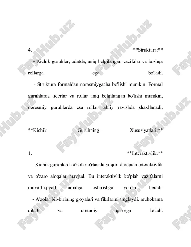 an, elektron pochta, xabar almashish dasturlari va videokonferensiyalar, jamoaviy aloqa samaradorligini oshirmoqda. 2022 yilgi hisobotlarda 85% kompaniyalar kommunikatsiya vositalaridan foydalanish natijasida samaradorlikning oshishini bildirgan. 4. **jamoaviy ko'nikmalar**: guruh a'zolari o'rtasidagi kommunikatsiya jarayonlari samarali amalga oshirilishi uchun muhim ko'nikmalardan biri faol tinglashdir. tadqiqotlar shuni ko'rsatadiki, faol tinglash 60% hollarda tushunmovchiliklarni kamroq keltirib chiqaradi. 5. **teskari aloqa va ta'sir**: teskari aloqa jarayonlari muvaffaqiyatli guruh ishining ajralmas qismlaridan biri hisoblanadi. 75% boshqaruvchilar teskari aloqa vositalarining joriy qilingani samaradorlikni oshirishini tasdiqlagan. 6. **madaniy va ijtimoiy omillar**: madaniy xilma-xillik guruh ichidagi kommunikatsiya strategiyalarini shakllantirishda katta rol o'ynaydi. xalqaro jamoalarda qilingan tadqiqotlar 45% hollarda madaniy farqlar jamoaviy kommunikatsiyada muammolar yuzaga keltirganini aniqlagan. 7. **maqsadni aniqlash va roli taqsimoti**: kommunikatsiya jarayonlari muvaffaqiyatli bo'lishi uchun guruh a'zolari o'rtasida aniq maqsadlar va rollar bo'lishi muhimdir. 2021 yilgi ma'lumotlarga ko'ra, aniq vazifalar belgilangan jamoalarda samaradorlik 30% ga oshgan. 8. **muammolarni hal qilish qobiliyati**: jamoa o'rtasidagi kommunikatsiya yomonlashganda, muammolarni yechish qobiliyati …