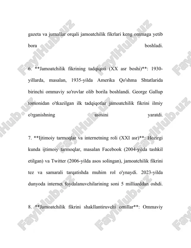 instagram va odnoklassniki sanaladi. ular orqali axborot almashish jarayoni osonlashadi va turli mavzularda bahs-munozaralar o'tkaziladi. jamoatchilik fikrining shakllanishida ko'plab boshqa omillar ham rol o'ynaydi. iqtisodiy omillar, aytaylik, ishsizlik darajasi, inflyatsiya va aholi daromadlari jamoatchilik nuqtai nazarini shakllantiruvchi muhim omillar qatoriga kiradi. o'zbekiston respublikasi mehnat va bandlik vazirligi ma'lumotlariga ko'ra, 2021 yilda mamlakatdagi ishsizlik darajasi 10,5% ni tashkil etgan. ushbu ko'rsatkich so'nggi yillarda jamoatchilik fikriga sezilarli ta'sir ko'rsatgan. shuningdek, siyosiy omillar, hukumat qarorlari, siyosiy partiyalar harakati va saylovlar jamoatchilik fikriga bevosita ta'sir o'tkazadi. 2019 yilda o'tkazilgan o'zbekiston respublikasi prezidenti saylovlarida umumiy saylovchilarning 87,7% i ishtirok etgan. saylovlar oldidan va ulardan keyin o'tkazilgan so'rovlar tirigan ommaviy axborot vositalarining turli mavzulardagi ta'sirini yaqqol ko'rsatdi. diniy va madaniy omillar ham jamoatchilik fikrining shakllanishida o'z aksini topadi. o'zbekistonda 2020 yilda o'tkazilgan so'rov ma'lumotlariga ko'ra, aholining 94% i musulmonlar, jumladan islom dini asosiy e'tiqod sifatida qabul qilinadi. diniy va madaniy qadriyatlar orasidagi muvozanat jamoatchilik fikri shakllanishining …
