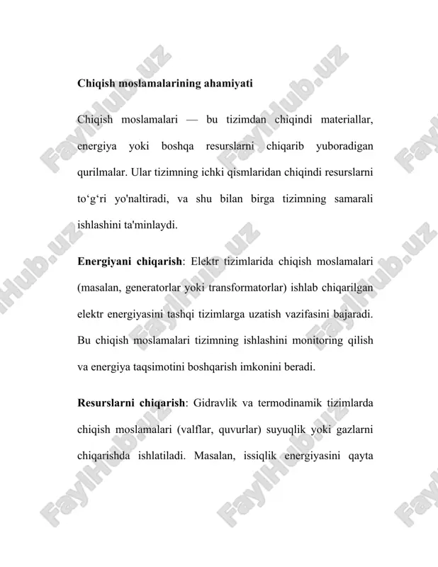 i: gidravlik tizimlarida kirish moslamalari (masalan, nasoslar, quvurlar, valflar) suyuqliklarning tizimga kirishini boshqaradi. bu moslamalar quyidagi tamoyillarga asoslanadi: bosimni nazorat qilish: kirish moslamalari tizimdagi bosimni boshqarib, suyuqlikning izchil oqishini ta'minlashi kerak. suyuqlikning oqim tezligini boshqarish: kirish moslamalari tizimga kirayotgan suyuqlik miqdorini nazorat qilishni ta'minlaydi. tamoyillar: suv yoki boshqa suyuqliklarning oqimini samarali boshqarish va tizimni uzluksiz ishlashini ta'minlash. quvurlar va valflar yordamida energiya sarfini kamaytirish va tizimni xavfsiz holatda ishlatish. mexanik tizimlarda kirish moslamalari: mexanik tizimlarda kirish moslamalari mexanik kuchlar va materiallarning tizimga kiritilishini boshqaradi. masalan, ko'prik qurilishlarida kirish moslamalari asosiy qurilish materiallarini joylashtirishda muhim rol o'ynaydi. tamoyillar: mexanik kuchlarni to'g'ri va samarali taqsimlash. materiallar va qurilish elementlarining joylashtirilishi va ularning bir-biriga mos kelishi. kirish moslamalarining ishlashini ta'minlash tamoyillari uzluksiz ta'minot: kirish moslamalari tizimga resurslarni uzluksiz yetkazib berishni ta'minlash kerak. masalan, elektr ta'minotida tizimning ishlashi doimiy energiya oqimi orqali qo'llab-quvvatlanishi zarur. texnik xizmat ko'rsatish va monitoring: kirish moslamalarining ishlashini ta'minlash uchun …