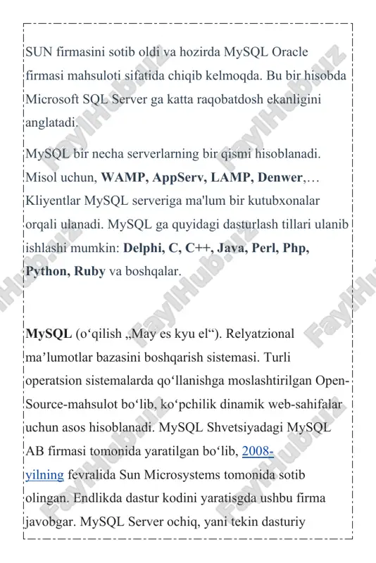 i. misol uchun, wamp, appserv, lamp, denwer,… kliyentlar mysql serveriga ma'lum bir kutubxonalar orqali ulanadi. mysql ga quyidagi dasturlash tillari ulanib ishlashi mumkin: delphi, c, c++, java, perl, php, python, ruby va boshqalar. mysql bu — krossplatformali dastur hisoblanadi, ya'ni bir xil tipga ega bo'lgan(ishlash texnologiyasi bir xil), lekin o'rnatiluvchi fayllari biroz boshqachadir. hozirda mysql oracle firmasi tomonidan ishlab chiqarilmoqda, oldin sun firmasiga tegishli bo'lgan. shuning uchun mysql 4 talqini mysql 5 talqinidan farq qiladi. hozirda(maqola yozilishida) eng so'ngi talqini 5.6.14 dir. keling enda,talqinlar nimani anglatishini bilib olamiz. har bir dastur, ma'lum bir sonlar asosida talqinlarga ajratiladi. dastur ismi o'zgarmaydi, faqat sonlar o'zgarib, dasturning yangi yoki eskiligini ajratib turadi. yangi yoki eskiligi, dasturning darajasini belgilaydi, ya'ni yangi dastur eskisiga qaraganda yangi qirralari mavjudligini anglatadi. mysql dasturi ham hamma dasturlar kabi o'z talqiniga ega(5.6.14). demak birinchi raqam asosiy raqam deyiladi. bizning holatda bu 5 raqami. bu raqam kamdan kam o'zgaradi, faqatgina …