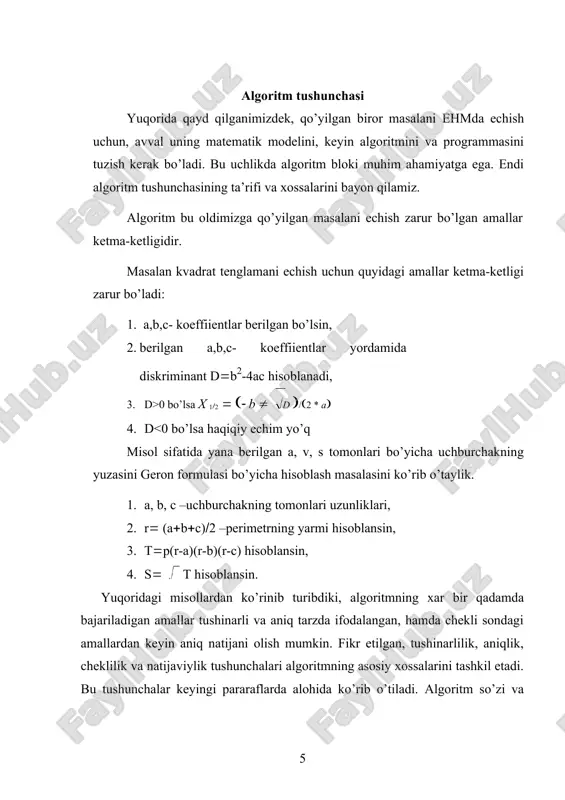a quyidagi sharti oldin berilgan takrorlanuvchi strukturaning mos kelishini ko‘rish mumkin. kiritish (n); s=0; i = 0; agar ( i > n ) => (8); i = i + 1; s = s + i ; shartsiz o‘tish=> (4); 8) muhrlash (s). bu algoritmga mos blok-sxema 2.15- rasmda keltirilgan. 2.15-rasm. 1 dan n gacha bo‘lgan sonlar yig‘indisini hisoblash blok-sxemasi 4-misol. haqiqiy x sonining n chi darajasini hisoblash masalasi ko‘riladi. uning matematik modeli: q = xn ko‘rinishga ega. takrorlanuvchi jarayonni tashkil etish quyidagidan farqli, yuqoridagilar bilan bir xil: - ko‘paytirish jarayoni uchun boshlang‘ich qiymat berilishi: q = 1 ; - joriy natijani hisoblash: q = q * x ifoda bo‘yicha amalga oshiriladi. shunday qilib, x ning n chi darajasini hisoblash uchun takrorlanuvchi jarayonni tashkil etish blok-sxemasi 2.16-rasmda keltirilgan. 2.16-rasm. hisoblash blok-sxemasi 5-misol. quyidagi munosabatni hisoblash kerak bo‘lsin [2, 55-56 b.]: n x i s = ∑ . i =1 i! munosabatni …