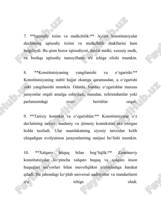92-yil 8-dekabrda qabul qilingan va davlat hokimiyatining tashkil etilishi hamda fuqarolar huquq va erkinliklarini kafolatlashda muhim rol o'ynaydi. konstitutsiya xalqaro huquqning umume’tirof etilgan normalari va demokratik tamoyillarga mos keladi, bu esa davlatning barqaror rivojlanishi va jahon hamjamiyatidagi obro'sini mustahkamlashda muhim omil hisoblanadi. 3. konstitutsiyaning huquqiy ustunligi 3. konstitutsiyaning huquqiy ustunligi juda muhim mavzu bo‘lib, u davlatning huquqiy tizimida konstitutsiyaning qanday o‘rinni egallashini ko‘rsatib beradi. konstitutsiya davlatning asosiy qonuni hisoblanadi va unda davlatning asosiy huquqiy tamoyillari, fuqarolarning huquqlari va erkinliklari, davlat boshqaruv tizimi hamda boshqa ko‘plab masalalar belgilangan. konstitutsiyaning huquqiy ustunligi bir necha elementlarga ega. birinchidan, konstitutsiya barcha qonunlar, qarorlar va boshqa normativ-huquqiy hujjatlar uchun asos bo‘ladi. boshqacha aytganda, konstitutsiyaga zid bo‘lgan hech bir hujjat yoki qaror qabul qilinishi yoki amalga oshirilishi mumkin emas. bunga misol sifatida o‘zbekiston respublikasining konstitutsiyasini keltirish mumkin. o‘zbekiston konstitutsiyasi 1992-yil 8-dekabrda qabul qilingan va u davlatning huquqiy tizimida eng yuqori kuchga ega hujjat hisoblanadi. ikkinchidan, konstitutsiyaviy …