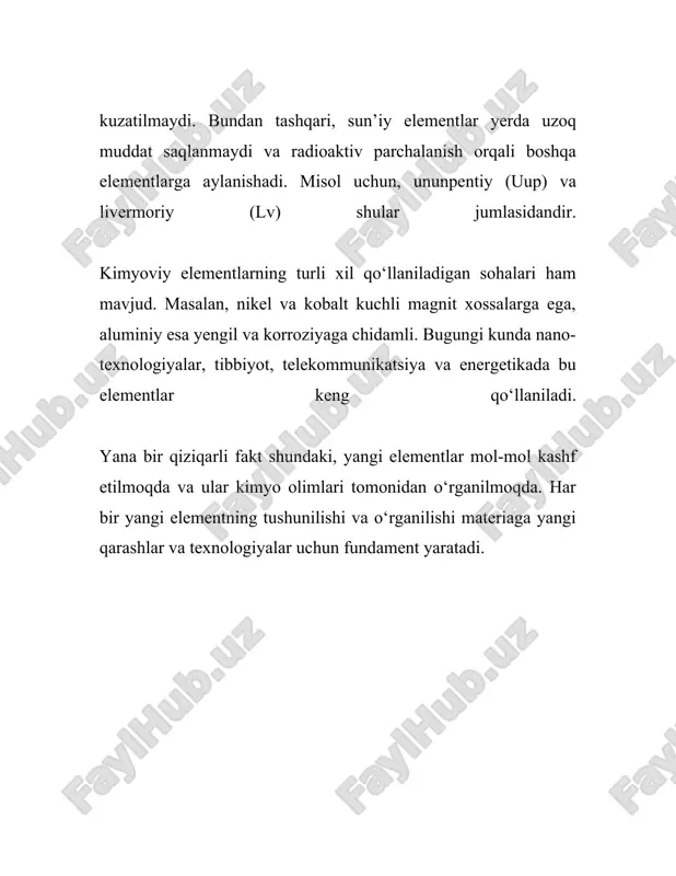 ali hosil bo'ladi va odatda metallmas elementlar orasida uchraydi. anorganik birikmalar muhim texnologik ahamiyatga ega. masalan, metall oksidlari metallurgiya jarayonlarida keng qo'llaniladi. temir (iii) oksid (fe2o3), mis oksid (cuo) kabi metall oksidlari turli metall mahsulotlarini ishlab chiqarishda asosiy manbalardan hisoblanadi. shu bilan birga, kalsiy oksid (cao), yoki odatda lime deb ataladigan modda, qurilish materiallari ishlab chiqarishda ishlatiladi. gazsimon anorganik birikmalarga kelsak, uglerod dioksid (co2), ammiak (nh3), va vodorod sulfid (h2s) kabi gazlar muhim rol o'ynaydi. uglerod dioksid atmosferada topiladi va o'simliklar tomonidan fotosintez jarayonida foydalaniladi. ammiak esa o'g'itlar sanoati uchun muhim xomashyo bo'lib, har yili millionlab tonna miqdorda ishlab chiqariladi. anorganik birikmalar suvda eriymanligi bilan ajralib turadi. masalan, natriy xlorid (nacl), yoki oddiy tuz, suvda eriydi va natriy (na+) va xlor (cl-) ionlariga bo'linadi. bu xususiyat ko'plab tuzlarning eritma holatida turli reaksiyalarda faol ishtirok etishiga imkon beradi. ba'zi anorganik moddalarning suvda erimaydigan qismi esa ularning o'ziga xos xossalaridan biri hisoblanadi. …