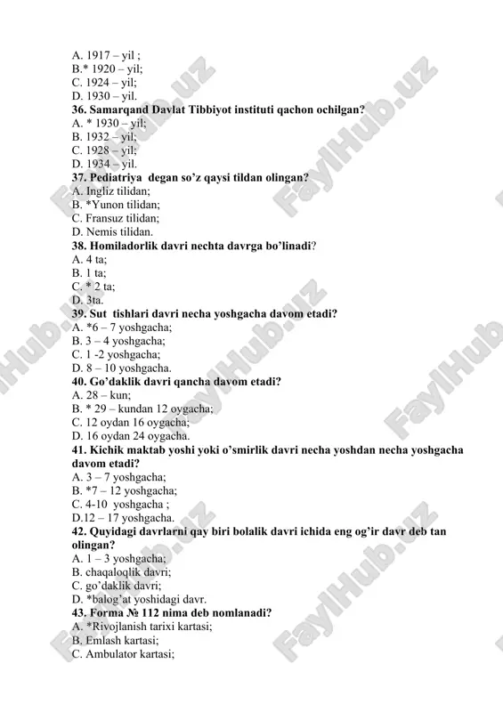 varishi obyekti nima? a. bemor ; b.*oila a`zolari; c. bola ; d. shifokor. 60.bolalarda hamshiralik parvarishining maqsadi nimaga qaratilgan? a. to’g’ri ovqatlantirish; b. kasallikni oldini olish; c.* sog’ligini tiklash; d. chiniqtirish. 61. katta liqildoqning o`lchami necha sm bo`ladi? a. 2x2,0 sm; b.*2x2.5 sm; c. 2x2.8 sm; d. 2x1.5 sm. 62. bolalarda dastlabki sut tishlari necha oydan chiqa boshlaydi? a. 8 oydan ; b.5 oydan ; c.*5-6oydan; d. 9 oydan . 63. necha yoshdan boshlab sut tishlari chiqishdan to`xtaydi? a.*2yoshdan ; b. 1.5yoshdan; c. 2.5 yoshdan; d. 4yoshdan . 64. bolalarni kichik jag` tishlari qaysi oydan chiqa boshlaydi? a. 8-9 oyda ; b.*9-12 oyda; c. 13oyda ; d. 7-8oyda. 65. d vitamin organizmda qayerda sintezlanadi? a. suyakda; b. jigarda ; c.*terida ; d. qonda. 66. bolalarda ter bezlari necha oylikdan ishlay boshlaydi ? a. 5-6oydan; b. 7-8oydan ; c. 12oydan; d.*3-4oydan. 67 . bola necha oylikdan boshlab mustaqil tik tura oladi? …