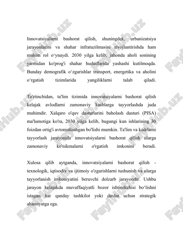 ni samarali joriy etish maqsadida, odatda, bir qator muhim bosqichlar va ko'rsatkichlar hisobga olinadi. bu jarayonda quydagi asosiy bosqichlar ajratib ko'rsatiladi: 1. inovatsiya g'oyasini yaratish va aniqlash: ushbu bosqichda inovatsiya uchun dastlabki g'oyalar va fikrlar ishlab chiqiladi. dunyo miqyosida firmalarning faqatgina 10-15 foizi muntazam ravishda yangi g'oyalar yaratish masalasiga e'tibor qaratadi. iloji bo'lsa, bu bosqichda bozordagi ehtiyoj va talablar aniqlanadi, chunki bozor tadqiqoti natijalariga qarab, g'oyaning qanchalik muvaffaqiyatli bo'lishi taxmin qilinadi. 2. g'oya darajasi: g'oya darajasida 60-80 foiz g'oyalar prototip bosqichiga yetmasdan rad etiladi. bu bosqichda esa texnik imkoniyatlar va iqtisodiy samaradorlik baholanadi. bunda texnik hujjatlar tayyorlanadi, xarajatlar va foyda hisoblanadi. 3. rivojlanish va loyiha amaliyoti: loyiha amaliyotiga o'tishda, joriy etiladigan inovatsiyaning dastlabki sinovlari va prototiplari yaratiladi. kompaniyalarning 30-40 foizi loyiha bosqichida o'zlashtiradigan mablag'laridan qoniqmaydi, chunki bu bosqichda texnik va iqtisodiy muammolar paydo bo'lishi mumkin. 4. bozorga kirish: loyiha muvaffaqiyatli amalga oshirilganidan so'ng, yangi mahsulot yoki xizmat bozorga chiqariladi. statistik …