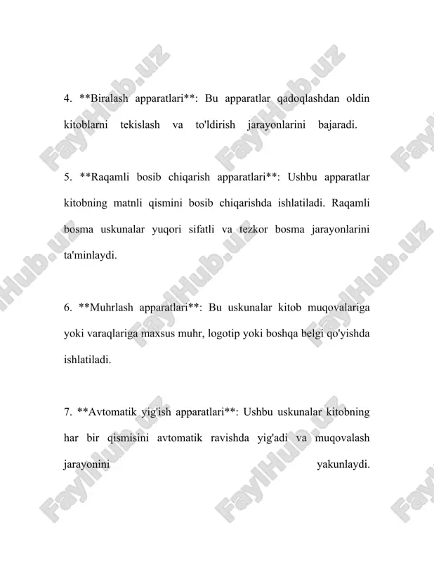 'pgina kitob apparatlaridagi ta'mirlash muvaffaqiyat darajasi foizida ko'rsatiladi. 2021-yilda o'tkazilgan tadqiqotga ko'ra, kitob apparatlari ta'mirlash jarayonida 85% muvaffaqiyatli ta'mirlangan. bu esa ta'mirlanadigan qismlarning sifatli ishlab chiqarilishi va ularni almashtirish imkoniyatlarining kengayishi bilan bog'liq. 5. **emissiyalar va ekologik talablar:** ta'mirlash jarayonida energiya samaradorligini kuzatish va chiqindilarni kamaytirish masalalari muhimdir. ta'mirlash jarayonida hosil bo'ladigan elektron chiqindilarning to'g'ri qayta ishlanishi zarur. har yili minglab kitob apparatlari atrof-muhitga zarar keltirmaslik uchun ekologik jihatdan qulay usullarda ishlov beriladi. yuqoridagi ma'lumotlar yordamida, kitob apparatini ta'mirlash turli aspectlaridan fundamental tushunchalar olish mumkin. ushbu bilimlar apparatni muntazam saqlash va xizmat ko'rsatishda foydalidir. 4. kitob apparatini tozalash 4. kitob apparati tozalash, odatda, kitoblarni saqlash va ularning uzoq muddatli foydalanishini ta'minlash uchun muhim qadamdir. kitob apparatini tozalash jarayoni kitoblarning jismoniy holatini yaxshilaydi va ularni zararlanishdan himoya qiladi. bu jarayonning turli bosqichlari asosida statistik ma'lumotlar quyidagicha: 1. **kitob apparatini tozalashning maqsadi** - kitob apparatlarini tozalash to'planadigan chang, mayda tolasimilar va zarralarni …