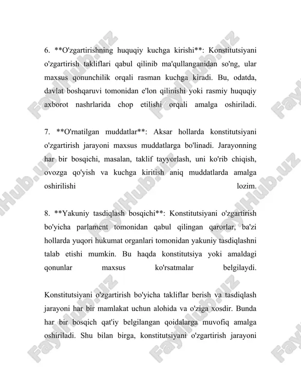 majlisning qonunchilik palatasi tomonidan ko'rib chiqiladi. qonunlar va ularning o'zgartirishlarini ishlab chiqish va tasdiqlash bo'yicha jarayonlar hech kamida uch o'qishda amalga oshiriladi: - **birinchi o'qish:** loyihaning umumiy kontseptsiyasi va asosiy qoidalari muhokama qilinadi. loyihani o'rganish uchun maxsus qo'mitalarga topshiriladi. - **ikkinchi o'qish:** loyihaning detallari va moddalarini batafsil muhokama qilish kiradi. bu bosqichda qo'shimchalar va o'zgartirishlar kiritilishi mumkin. - **uchinchi o'qish:** yakuniy tahrir va qabul qilish jarayoni amalga oshiriladi. muhim masalalarga doir o'zgartirishlar kiritiladi va tajziyadan o'tkaziladi. 3. **parlamentda ishlash tartibi:** oliy majlisda o'zgarishlar muhokama qilinishi uchun bir qancha qo'mitalar faoliyat olib boradi, ular muayyan sohalarga ixtisoslashgan. masalan, qonunchilik va saylov qo'mitasi, byudjet va iqtisodiy islohotlar qo'mitasi, ta'lim, fan, madaniyat va sport qo'mitasi. 4. **raqamlar bo'yicha tahlil:** parlamentda ko'rib chiqiladigan qonun loyihalari va boshqa hujjatlar o'zgarishlar kiritilish jarayonida har bir qo'mita tomonidan taxminan 200-300 ta yig'ilish o'tkaziladi. har bir yilda o'rtacha 100-150 ta yangi qonun qabul qilinadi yoki amaldagi huquqiy hujjatlarga …