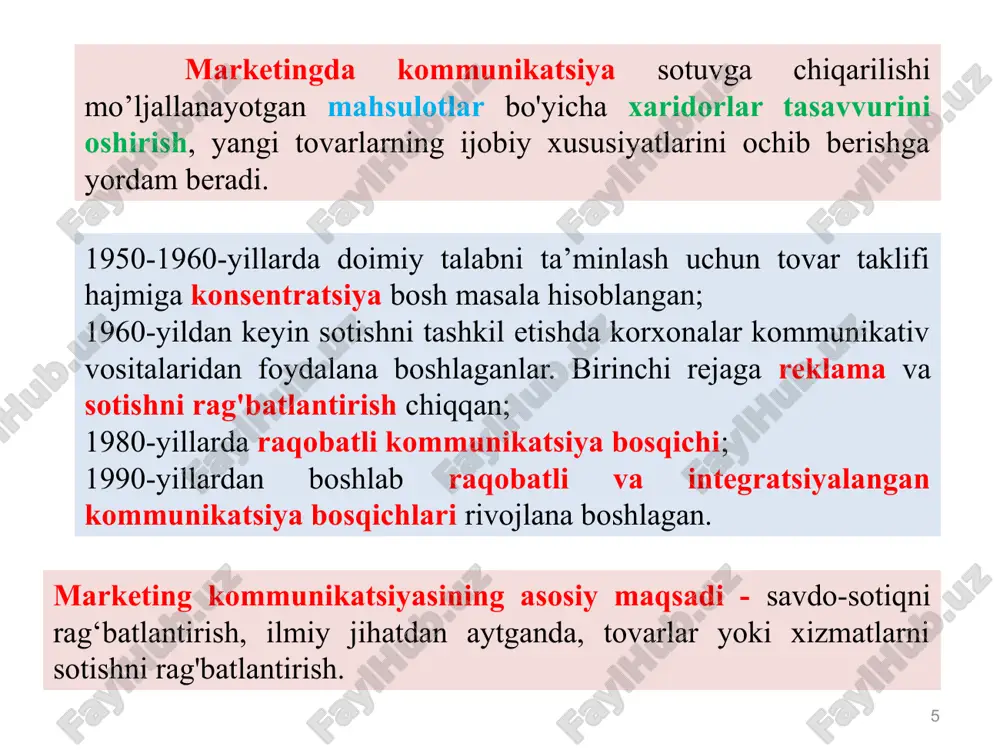 , preyskurantlar, ko‘rsatkichlar, e’lonlar); d) bosma reklama (varaqalar, kataloglar, prospektlar, gazeta va jurnallardagi e’lonlar); e) namoyish reklamasi (mahsulotlarni tatib ko‘rish, kiyim-kechakning yangi modellarini namoyish qilish va shu kabilar); f) kino-televizion va diapozitiv reklamasi; g) ovozli reklama. 15 reklama agentligi bu ijodiy xodimlar va tijoratchilardan iborat, mustaqil korxonadir. reklama agentliklarini quyidagi prinsiplariga ko‘ra tavsiflash mumkin: • ko‘rsatadigan xizmatlari hajmiga ko‘ra - universal; • muayyan tovar va reklama vositalariga ko‘ra ixtisoslashgan; • faoliyati sohasiga ko‘ra - ichki bozorda ish ko'radigan va ichki hamda tashqi bozorda ish ko‘radigan turlari. 16 17 bo‘lajak iste’molchi quyidagi axborotlarni olishi shart tovarni borligi va sotilish joyi qaysi extiyojlarni qondirishga qaratilganligi iste’mol qiymatining asosiy ko’rsatkichlari xaridorlarni qoniqtirmay qolgan holda ularning himoya qilish kafolatlari 18 bo‘lg‘usi xaridorlargaaxborotlarni yetkazish uslublari yig’ilishlar anjumanlar reklamalar ko’rgazmalar o’tkazish iste’molchilarni rag‘batlantirishning asosiy uslublari quyidagilardan iborat: tajriba namunalari. uyga olib borib beriladigan, pochta orqali yuboriladigan, boshqa tovarlarga yoki reklama e’lonlariga ilova qilinadigan, tovar yoki xizmatlaming …