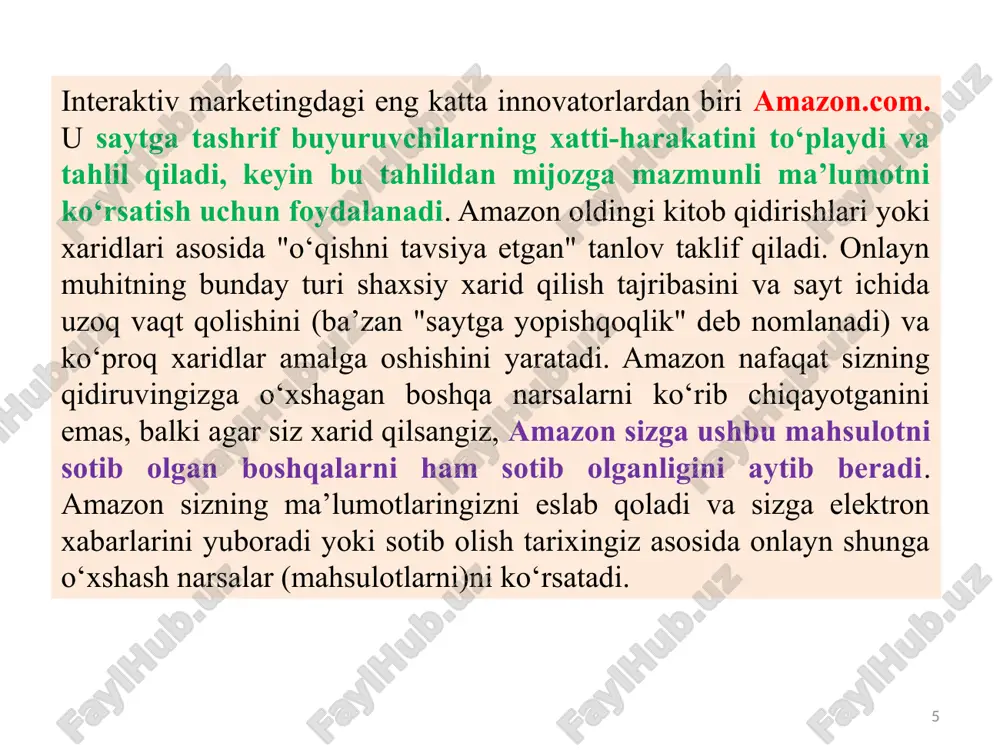 onlayn maqsadli auditoriya uchun tarkib yaratish, nashr qilish va tarqatishga qaratilgan marketing shaklidir. 12 e-marketing (elektron marketing) internet marketing, veb-marketing, raqamli marketing yoki onlayn marketing kabi tanilgan. e-marketing - intemetdan foydalanib mahsulot yoki xizmatni sotish jarayoni. e-marketing nafaqat intemetda marketingni o‘z ichiga oladi, balki elektron pochta va simsiz ommaviy axborot vositalari orqali amalga oshiriladigan marketingni ham o‘z ichiga oladi. internet faqat marketing vositalaridan biri, ya’ni, korxonaning umumiy marketing miksdagi yana bir marketing kanali. 13 13.4. e - marketing e-marketing mijozlarga qulaylik va raqobatbardosh narxlami taqdim etadi va bu korxonalarga operatsion xarajatlami kamaytirishga imkon beradi. korxonalar e-marketing va onlayn xaridlami taklif qilishlari sababli, mijozlar o‘zlarining kompyuterlari yoki uyali telefonlaridan bozor haqida m aium ot olishlari, uydan chiqmasdan kuniga 24 soat va haftasiga yetti kun tovarlar sotib olishlari yoki xizmatlar topishlari mumkin. ular intemetdagi yoki electron pochta orqali reklamalami o‘qish, elektron kuponlar, tovarlaming chizmalarini ko'rish, narxlami taqqoslash va sichqonchani bir necha marta …