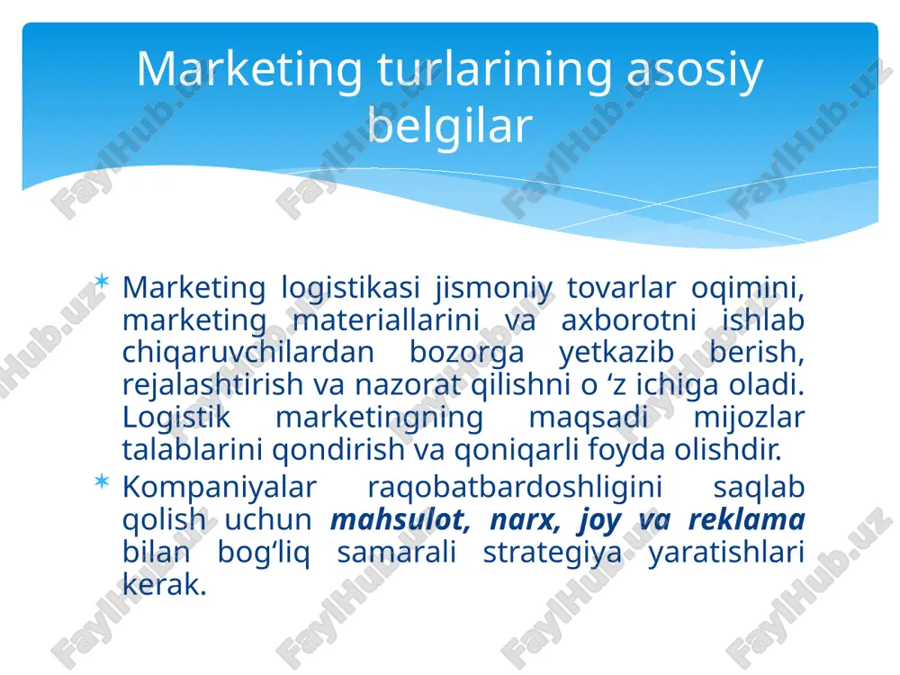 n taqqoslash orqali kompaniyaga sezilarli yaxshilanishlarni ta’minlaydigan o‘zgarishlarni amalga oshirishingiz mumkin. benchmarketing - 1 yaxshilanishlarni qaysi va qayerda nishonlash kerakligini aniqlash; 2 boshqa tashkilotlarning yuqori ishlash darajalariga erishishini tahlil qilish; 3 tahlil qilingan ma’lumotni kompaniya faoliyatini yaxshilash uchun ishlatish. benchmarketingning maqsadlari quyidagilardir: benchmarketingning ikkita asosiy turi mavjud 1 muammoli joylarni aniqlash 2 0 ‘xshash jarayonlarga ega tarmoqlarni aniqlash 3 tegishli sohalarda lider kompaniyalarni aniqlash 4 choralar va eng yaxshi amaliyotlarni aniqlash uchun tadqiqotlarni o‘tkazish 5 eng samarali faoliyat ko‘rsatayotgan kompaniyaga tashrif buyurish 6 rivojlanish uchun strategik rejalarni tavsiya qilish. benchmarketing tahlili jarayoni o ‘z navbatida 6 ta komponentdan tashkil topgan: innovatsion marketing yangi mahsulot va xizmatlarni bozorda muvaffaqiyatga erishishga yordam beradigan barcha innovatsion boshqaruv tadbirlarini qamrab oladi. innovatsion marketingning haqiqiy vazifasi va missiyasi bozor muvaffaqiyatiga erishishdir. marketing va innovatsiyalar biznes uchun daromad keltiradi. samarali marketing rejasi va amalga oshirilishi savdo foydasi va daromadlarning oshishiga olib keladi. bu quyidagi o ‘lchangan …