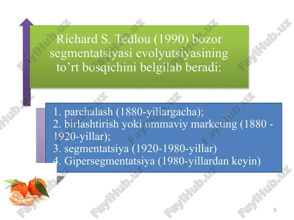 keluvchisini kiritish zarur; iste’molchilarni tavsifnomalarini firma tomonidan o‘lchash mumkin bo‘lishi zarur; har bir segment o‘lchami bo‘yicha bo‘lishi, ya’ni sotish hajmi va xarajatlarni koplashni o‘lchashi kerak; har bir segment iste’molchilari axborotga ta’sir etish uchun va reklama kompaniyasini o‘tkazish uchun oson va tushunarli bo‘lishi zarur. segmentasiya jarayonining muhim bosqichi bo‘lib bozorni maqsadli segmentini tanlash hisoblanadi. 24 25 сегмент улчамини ва уни узгариш (усиш, камайиш) тезлигини урнатиш сегментни жалб этувчанлик тузилишини тадкик этиш узлаштираётган сегмент максадини ва ташкилот ресурсларини аниклаш максадли сегментни танлаш куйидаги кетма-кетликда туриши тавсия этилади: 26 bozorni pozitsiyalashtirish - bu alohida bozor segmentlarida mahsulot konsepsiyasini aniqlash texnologiyasidir. - mavjud va shakllanayotgan fikrlarni tadqiq qilish, xaridorlar yoki ularning guruhini mahsulot parametrlariga bo’lgan munosabatini baholash tahlilidan, maqsadli bozorni ushbu segmentida mahsulotni raqobatli afzalligini ta’minlashda shunday tovar pozitsiyasini marketing chora-tadbirlarini o‘tkazish yo’li bilan tuzishdan iborat. pozitsiyalashtirishning maqsadi 1- chizma. brendlar ustuvorligi 27 marketingda pozitsiyalashtirish jarayoni deganda xaridor ongida tovar yoki xizmat haqida tovaming …