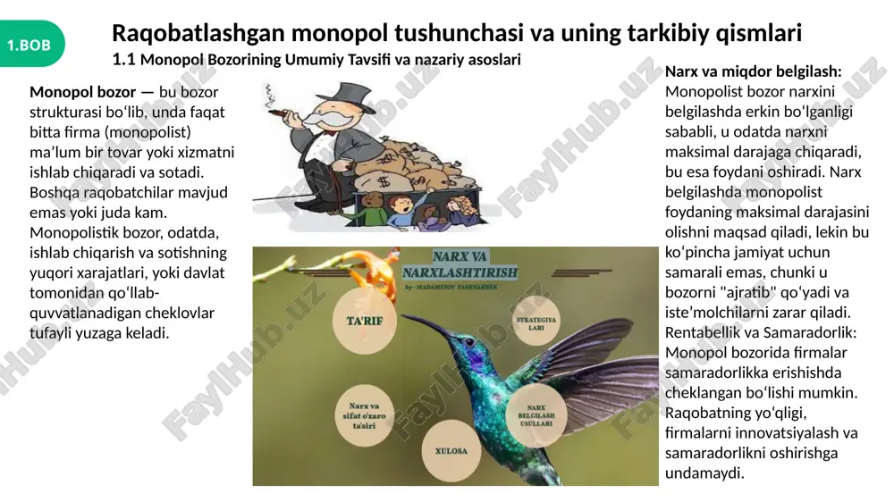 rsa, talab inelastik bo‘lsa, narxni oshirishi mumkin. ! xulosa bu fan monopolistik va raqobatlashgan monopol bozorlar tizimlarini o‘rganib, firmalar o‘rtasidagi narx belgilash, mahsulot differensiyasining ta’siri, bozorga kirish va chiqish erkinligi kabi omillarni tahlil qiladi. monopolistik bozorlar iqtisodiy samaradorlikni ta'minlashda o‘ziga xos qiyinchiliklarga duch kelishi mumkin, lekin raqobatlashgan monopol bozorlar iste'molchilar uchun ko‘proq tanlov va yaxshiroq narxlarni taqdim etadi. bu bozorlardagi tahlil iqtisodiy siyosat va bozordagi islohotlar uchun muhim asoslarni yaratadi. raqobatlashgan monopol bozorlar iqtisodiy tizimda turli xil firmalar o'rtasidagi raqobatni va monopolistik ta'sirni birlashtiradi. bu bozorlar o'ziga xos xususiyatlarga ega bo'lib, firmalar o‘z mahsulotlarining narxini va ishlab chiqarish hajmini belgilashda raqobatni va monopolistik kuchni bir vaqtning o‘zida hisobga olishadi. boshqacha qilib aytganda, raqobatlashgan monopol bozorida firmalar o‘zlarining ijtimoiy va iqtisodiy manfaatlarini maksimal darajaga keltirishga intiladi. ! foydalanilgan adabiyotlar ro’yxati 1. mankiw, n. g. (2015). principles of economics (7th ed.). cengage learning. perloff, j. m. (2016). microeconomics: theory and applications with …