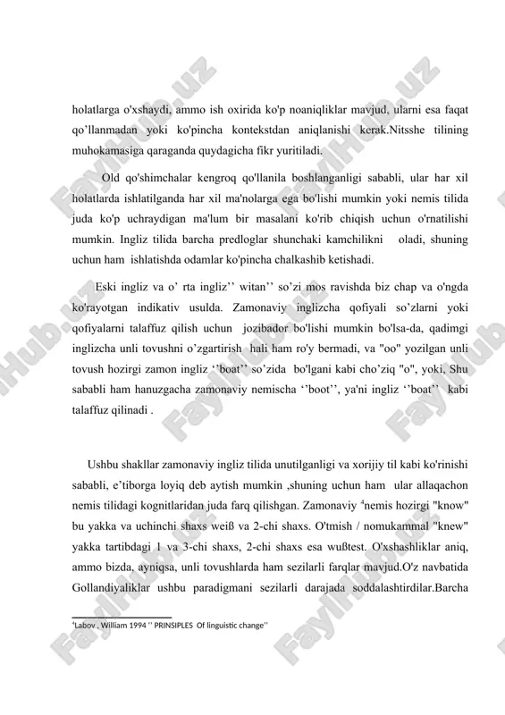 da keltirilgan eng muhim o'zgarishlarni tanlash asosida adabiyotlarida keltirilgan manbalar. unda rivojlanishning asosiy tendentsiyalari ko'rsatilgan. ingliz tovush tizimiga tegishli bo'lsa-da, lekin bu barcha o'zgarishlarning to'liq ro'yxati emas, shakllangan zamonaviy ingliz fonologiyasi. proto-hind-evropadan tovush o'zgarishi qadimgi ingliz tiliga: proto-hind-evropa undoshlar tizimi: 1. labangan undosh p b 2. tish undoshi t d 3. tanglay undoshi k g 4. til orqa kw gw yuqorida sanab o'tilgan to'xtashlardan tashqari, proto hind yevropian quyidagi undosh tovushlarni o'z ichiga olgan: ovozsiz spirant s suyuqliklar 1, r burun m, n yarimburchaklar j, w proto hind yevropaning keyingi rivojlanishiga ko'ra, “sent va satem” so’zlari mavjud. taniqli “centum va satem” so'zlari qayta tiklangan proto hind yevropaga mos keladi hundred raqami: ḱm̥tóm. centum tillarida palatal plozivlar velar plosivlari bilan birlashadi ḱ- k. satem tillarida velar [footnoteref:5]plosivalari labio-velar plosivlari bilan birlashtirilgan; va palatal plosivalar sibilantlarga aylandi . [5: ringe, donald a. from proto indo europian to proto germanic.] pronoslavikadan eski ingliz …