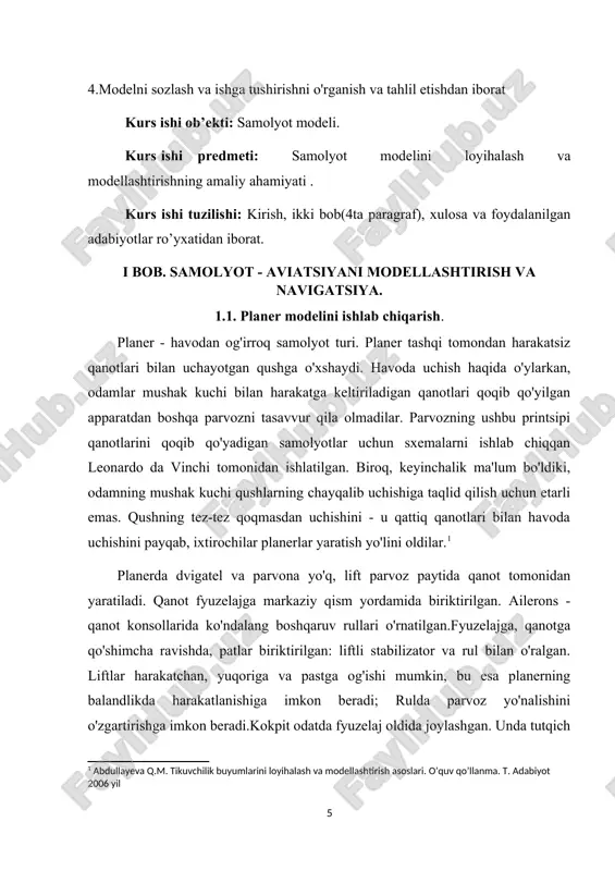 ismlari sxemasini takrorlaydi. u quyidagi asosiy qismlardan iborat (19-rasm). qanot va patlar yuk bilan rels-fyuzelyaj 1 ga biriktirilgan. 2 qanot - ko'taruvchini yaratadigan rulman yuzasi; yetakchi va orqa qirralar va qovurg‘alardan iborat. stabilizator 3 - modelning gorizontal (uzunlamasına) barqarorligini ta'minlaydigan gorizontal patlar. keel 4 - vertikal (ko'ndalang) barqarorlikni ta'minlaydigan vertikal tuklar. modelning yordamchi qismlari - tokchalar, cho'chqalar, kancalar - modelni ishga tushirish uchun xizmat qiladi. qanot, stabilizator va keel to'qima yoki slyuda qog'oz bilan qoplangan. amaliy mashg'ulotlarda havo kemasining modelini loyihalash quyidagilarni o'z ichiga oladi: -sxemani tanlash va modelning asosiy o'lchamlarini aniqlash; -model qismlarining massasini, rulman yuzasi birligiga yukni aniqlash; -eskizlar va ishchi chizmalarni bajarish; -modelni ishlab chiqish va ishlab chiqarish. model kuchli va qattiq bo'lishi kerak. samolyotning sxematik modelini qurishning oddiy usuli tavsiya etiladi. bu qanot kengligiga qarab modelning asosiy o'lchamlarini aniqlashdan iborat. loyihalash jarayonida 5-10% dan ko'p bo'lmagan og'ishlarga yo'l qo'yiladi. samolyotlarni modellashtirishda xarakterli o'lchamlarning quyidagi belgilari qabul …
