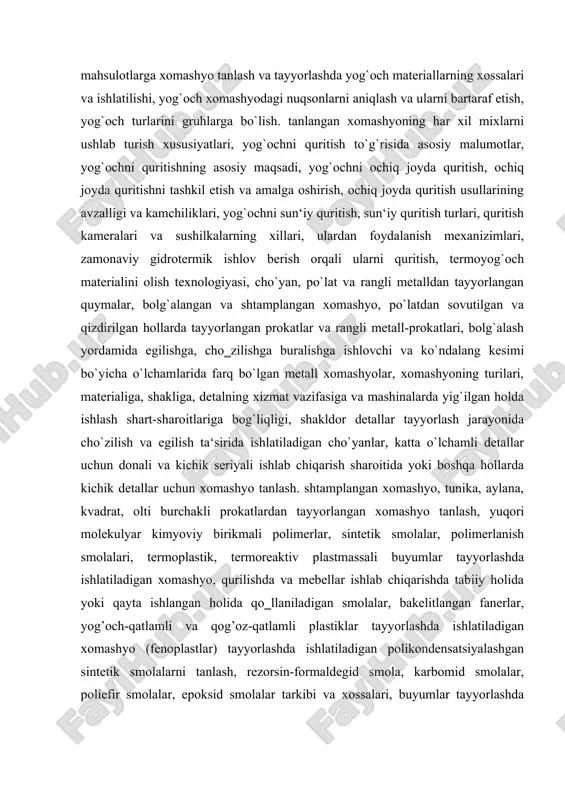 ni shakllantirish nazarda tutilgan. kurs ishning ob`ekti. umumiy o`rta ta`lim maktablari hamda kasb-hunar maktablarining o’quvchi yoshlari. kurs ishining maqsadi. umumiy o`rta ta`lim maktabining 5-9-sinflariga rossiya va uzoq sharq yerlarida o`stiriladigan daraxtdan tayyorlangan yog`och turlari va xomashyosi, ularning o`rnini bosadigan mahalliy daraxt turlari metod va vosit bilan kengroq yoritib berish. kurs ishining predmeti: rossiya va uzoq sharq yerlarida o`stiriladigan daraxtdan tayyorlangan yog`och turlari va xomashyosi, ularning o`rnini bosadigan mahalliy daraxt turlari haqida ma'lumotlarning ahamiyatini o’rganish metodikasining maqsadi, metodi, vositasi, mazmuni va shakl tushuntirishdan iborat. kurs ishining vazifalari. 1. yog`ochdan tayyorlanadigan buyumlar va mahsulotlarga xomashyo tanlash hamda foydalanishni o’rganish. 2. yog`och xomashyodagi nuqsonlarni aniqlash va ularni bartaraf etishni o’rganish 3. texnologiya (texnologik ta’limi) fanidan davlat ta’lim standartini taxlil qilish (dts) 4. yog`ochdan tayyorlanadigan buyumlar va mahsulotlarga xomashyolar haqida malumotlar o’rgarish metod hamda vositalardan foydalanishni o’rgatish. kurs ishining tuzilishi: kurs ishi kirish, ikkita bob (4 ta reja), ilovalar, xulosa, hamda foydalanilgan adabiyotlar ro’yxati, …