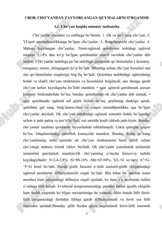 i. yumshoq p о ‘ 1 a t d a (ilgari u bolg‘alanuvchan temir deyilar edi) 0,3% gacha uglerod bo‘ladi. po‘lat cho'yandan farq qilib, oson bolg‘alanadi va prokatka qilinadi. fez sovitilganda u qattiq, sekin sovitilganda — yumshoq bo‘ladi. yumshoq po‘latga ishlov berish oson. undan mix, boltlar, sim, tomga yopiladigan tunuka, mashinalaming detallari tayyorlanadi. qattiq po‘latdan asboblar yasaladi. hozirgi texnikada legirlangan p o ‘latlar katta ahamiyatga ega. ularning tarkibida legirlovchi elementlar boiadi, bu elem entlarga xrom, nikel, m olibden, vanadiy, volfram, marganes, mis, kremniy va b. kiradi. legirlovchi elementlar poiatg;i muayyan xossalar baxsh etish uchun qo‘shiladi. masalan, tarkibida albatta boiadigan qo‘shimchalar bilan birga xrom va nikel ham boiadiganxrom-nikelli p o ‘latlarning mexanikxossalari yaxshi, korroziyabardosh, shuningdek issiqbardosh b o iad i. u lardan m ashinalarning ko‘pchilik qismlari va uy-ro'zg'or buyumlari (zanglamaydigan qoshiq, vilka va b.) tayyorlanadi. xrom-molibdenli vaxrom-vanadiyli p о ' 1 a 1 1 a r qattiq va yuqori temperatura hamda …