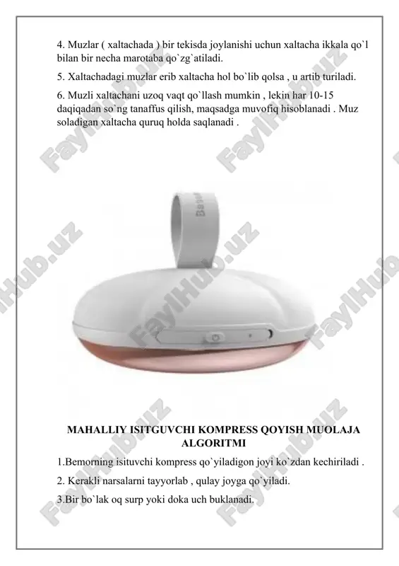 ing tanasiga ko`tarib sozlang. 11. elektrod bemorning tanasi orqali yoki tanadan 1-2 sm masofada o`tkaziladi. 12. jarayon tugashi bilan quvvatni 0 holatiga keltirin “ tarmoq” ni ochiring. 13.muolajani varqaga belgilang 14. bemorga keying kelish vaqti va sanasi haqida habar bering. 15. elektrodni oqayotgan suvda sovun bilan yuving quriting 70% spirt bilan arting uvch terapiya algoritmi 1.shifokor ko`rsatmasi bilan tarnishing. 2. ‘uhf-66 “ , “ uhf – 70 “ apparatlari ishlatiladi. 3. kerakli diametrdagi kondensator plitalarini asbobga joylashtiring ( № 1, № 2, № 3 ) . 4. bemorni muolaja uchun qulay joyga qo`ying , oyoqlari koachuk to`shagda bo`lishi kerak. 5. leyzon ustidagi kondensator plitalarini joylashtiring ( bo`ylama, ko`ndalang ). 6. “ voltaj “ ni yoqing , shunda indicator chiroqchasi qizil ranga o`tishi kerak. 7.qurilmada “ quvvat “ ni o`rnating ( ta`sir qilish joyiga va muolajaning maqsadiga qarab ). 8. “ tyuning “ tugmachasi va neon lampochkadan foydalanib , asbobning mexanik …