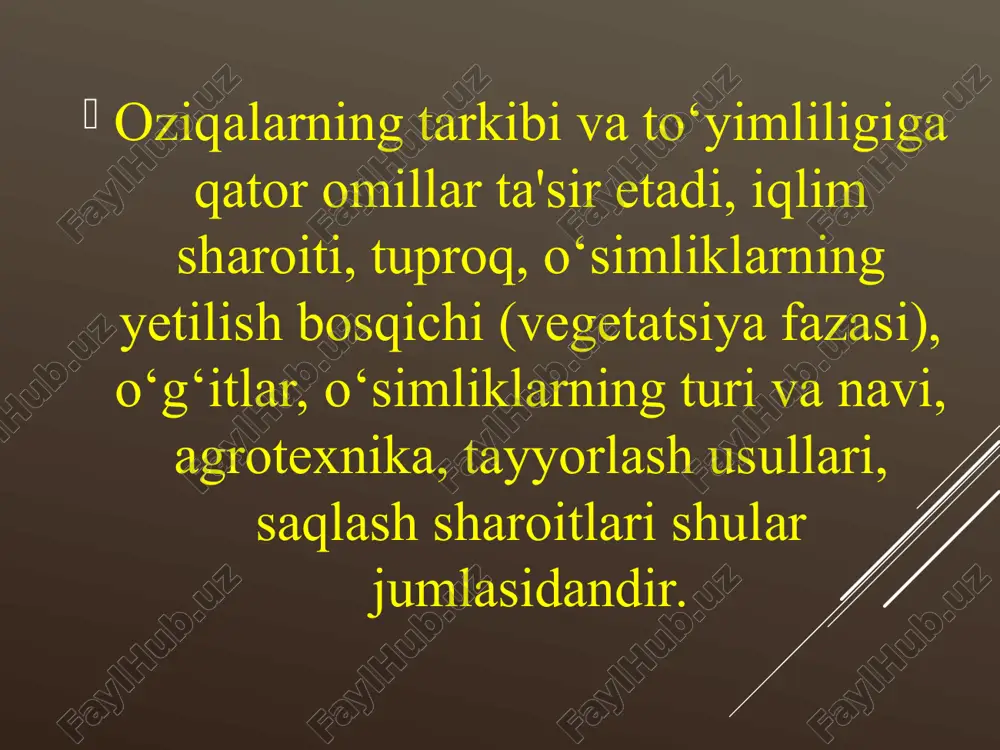boshiga bir yilda 35-40 kg oziq-ovqat chiqindilari tashkil etadi. ular sabzavot, meva, baliq va go‘sht chiqindilari hamda ovqat qoldiqlari bo‘lishi mumkin. hayvonot dunyosidan olingan oziqalar. bu oziqalarni ayrim qishloq xo‘jalik hayvonlari va parrandalarga berilishi ular ratsionini to‘ldirib, eng zarur to‘yimli moddalar, minerallar va vitaminlar bilan ta'minlaydi. ushbu mahsulotlarga sut va uni qayta ishlash mahsulotlari – qaymog‘i olingan sut, ayron va zardob kiradi. ularni hayvonlarga tabiiy holda ichirish mumkin baliq uni. ushbu mahsulot baliq sanoati chiqindilari, hamda inson yeyishi mumkin bo‘lmagan baliq navlaridan quritish va ishlov berish natijasida ishlab chiqariladi. 1 kg baliq unida 0,9-1,5 oziqa birligi, 480-630 g hazmlanuvchi oqsil, 20-80 g kalsiy va 15-60 g fosfor bo‘ladi. go‘sht-suyak uni. go‘sht korxonalarida yeyish uchun yaroqsiz go‘sht, so‘yim chiqindilari, suyaklar, ichki a'zolardan, hamda util zavodlarida yuqumsiz kasalliklardan o‘lgan hayvonlardan maydalab va quritish natijasida olinadi qon uni. hayvon qoni, qonni yuvgan suvdan ko‘p bo‘lmagan (5 % ko‘p bo‘lmagan) suyak qo‘shish bilan tayyorlanadi. …