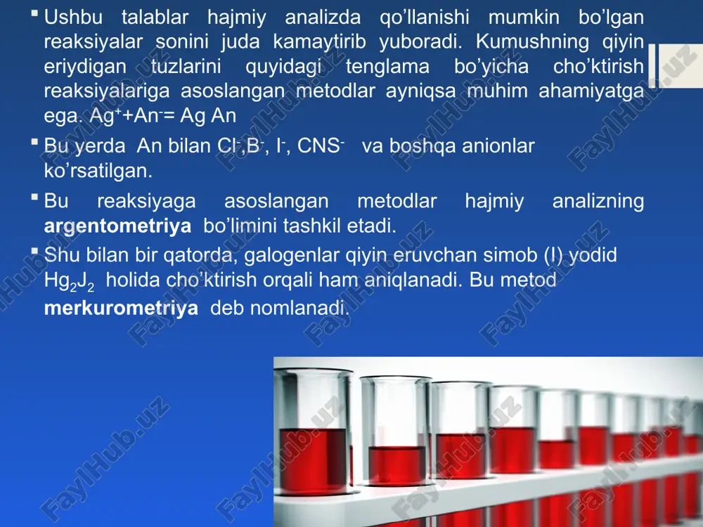 qoladi va koagullanadi. eritma tiniq bo’lib qoladi. kumush nitratning ortiqcha qo’shilgan tomchisidan hosil bo’lgan ag+ ionlarini cho’kma o’ziga adsorbilaydi va musbat zaryadlanadi. indikator flyuoressein - kislotali organik bo’yoq va uning anioni tiniq rangli bo’lib, bu anion, kumush xlorid cho’kmasiga adsorbsiyalanadi. ekvivalent nuqtada cho’kma qizil tusga kiradi, shunda titrlash to’xtatiladi. fayans usuli ko’pincha turli tabiiy va texnik mahsulotlar tarkibidagi xloridlar miqdorini aniqlashda qo’llaniladi. merkurometriya merkurometriya - ishchi eritma sifatida simob(1) ning tuzlari ishlatiladi. bu metod simob (i) ning suvda erimaydigan birikmalarining hosil bo’lishiga asoslangan: [hg2]2++ 2cl-— ►hg2cl2 merkurometriyada indikator tarikasida temir (iii) rodanidning qizil - qon rangidagi eritmasi ishlatiladi, bu indikator ortiqcha qo‘shilgan (hg2) 2+ ionlari ta’sirida rangsizlanadi. 3[hg2 ]2++2fe(scn)3=+fe3+ + 3hg2 (scn)2 merkurimetriya merkurimetriya-ishchi eritma simob (ii) tuzlari hisoblanadi. bu metod titrlashda kam dissotsilanuvchi simob(ii) birikmalari hgcl2, hg(cn)2, hg(scn)2 va boshqalar hosil bo’lishiga asoslangan: hg2+ + 2scn- >hg(scn)2 merkurimetriyada indikator sifatida natriy nitroprussid na2 [fe(cn)5n0]-2h20 qo’llaniladi, bu modda hg2+ ionlari …