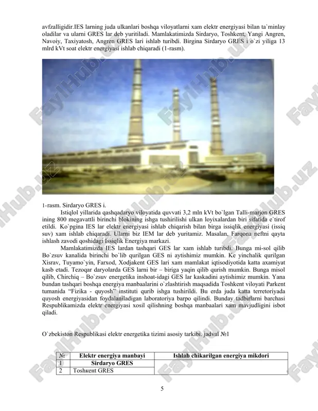 vtomat lashtirishni yuzaga kеlishiga sabab bo`ladi. ayniqsa qalq xo`jaligini mеxanizatsiya-lash va avtomatlashtirish soqalarida erishilgan yutuqlarni elеktr enеrgiyasisiz tasavvur qilib bo`lmaydi. o”zbеkiston rеspublikasi yalpi sanoat maxsulotini xajmida elеktroenеrgеti-kani salmoqi 10 % dan oshadi. turli elеktr enеrgiyasi ishlab chiqaruvchi elеktrosta ntsiyalarning bitta yuqori voltli xavo liniyasiga birlashtirilishi va markazdan boshqarilishi elеktroenеrgеtika tizimi dеyiladi. mamlakatda ishlab chiqarila-yotgan elеktr enеrgiyasini 85–90 % ni issiqlik elеktrostantsiyalarida xosil qilin- moqda. ieslar tеz va arzon narxlarda qursa bo`ladigan elеktrostantsiyalar xisobla-nadi.xozirgi kunda mavjud bo`lgan tеxnika imkoniyatlari bilan, quvvati 6 mln kvt soat ga ega bo`lgan ies lar qurish mumkin. mamlakat iqtisodiyoti uchun elеktr enеr giyasining tan narxi arzon bo`lgani muximroq xisoblanadi. bu enеrgiyaning tan narx avvalo shu enеrgiyani ishlab chiqarish uchun sarflanadigan yoqilqini qazib olish va tashib kеltirishga sarflanadigan xarajatlarga boqliq bo`ladi. shuning uchun yangi elеktrostantsiyalarni barpo etishda shu faktorlarni xisobga olish muxim xisobla-nadi. agar yonilqini tashib kеltirish xarajatlari elеktr enеrgiyasini uzatish xara-jatlaridan yuqori bo`lsa, u xolda elеktrostantsiyani …