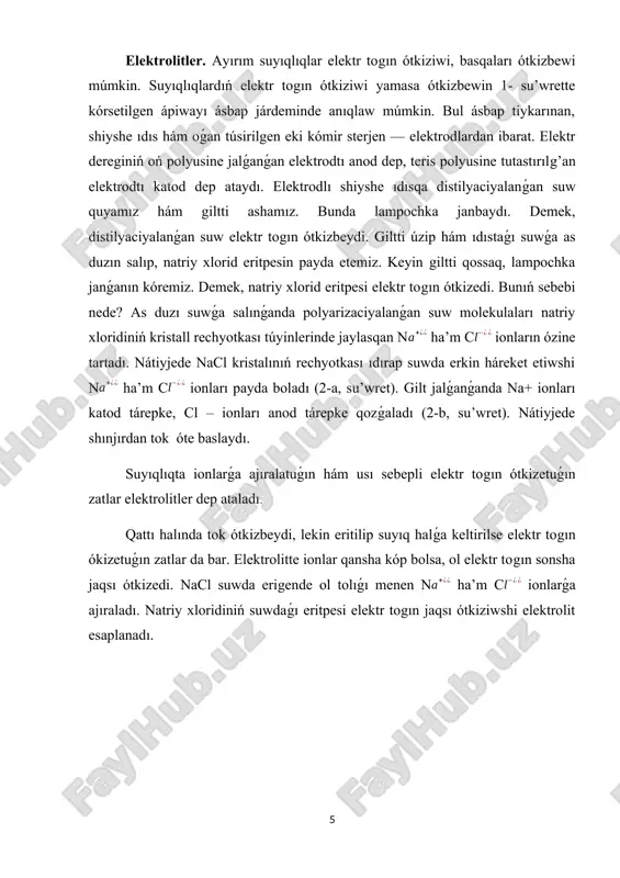lektroliz processin ámelge asırıwǵa boladı. bunday elektroliz balqıw elektrolizi dep ataladı. balqıw elektrolizinde ádette, oksid, siltili hám duzlardıń balqıwı arqalı elektr togı ótkiziledi. elektr shınjırınıń giltin qosıp, elektrolitte elektr maydanın payda etkende oń ionlar katodqa, teris ionlar anodqa qaray baradı. ionlar elektrodlarǵa jetip barǵannan keyin óz zaryadların elektrodlarǵa berip, neytral atomlarǵa aylanadı hám shógindi payda etedi. elektrodlarǵa qansha kóp ion barsa, olardıń betinde sonsha kóp zat jıynaladı. tómendegi tájiriybeni ótkereyik. elektrodlı shiyshe ıdıs elektrolit vannadaǵı suwǵa mıs kislotası (cus ) salıp, elektrolit payda eteyik. bunda mıs kislotası (c) hám (s) ionlarǵa ajıralàdı. elektr shınjırınıń gilti qosılǵanda elektrolitten i togı óte baslaydı (6-su’wret). elektrolittegi c ionları k katodqa, s ionları a anod tárepke qozǵaladı. waqıt ótiwi menen katodtaǵı mıs qatlamı qalıńlasadı. tok uzaq waqıt ótkerip turılsa, katodta sezilerli dárejede taza mıs zatı ajıralıp shıqqanın baqlaw múmkin. elektrolitten tok ótip atırǵanda elektrodlarda zat ajıralıp shıǵıw qubılısına elektroliz delinedi. 6-súwret elektroliz waqıtında elektrolitte …
