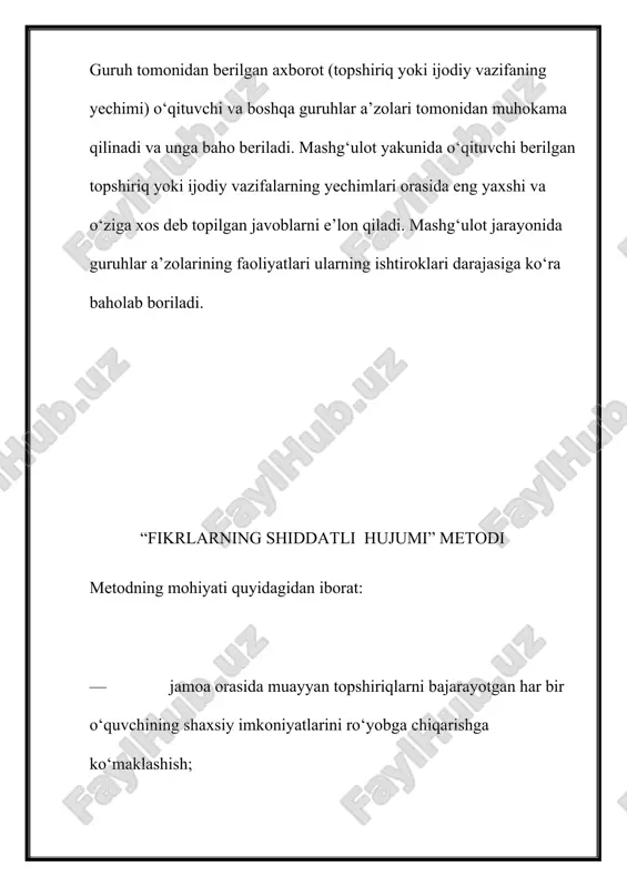 hosil qilganidan so‘ng guruhlardan munozaralarni yakunlashlarini so‘raydi. munozara uchun belgilangan vaqt nihoyasiga yetgach, o‘qituvchi guruhlarni qaytadan shakllantiradi. qaytadan shakllangan guruhlarning har birida avvalgi 6 ta guruhdan bittadan vakil bo‘ladi. yangidan shakllangan guruh a’zolari o‘z jamaodoshlariga guruhi tomonidan muammo yechimi sifatida taqdim etilgan xulosani bayon etib beradilar va mazkur yechimlarni birgalikda muhokama qiladilar. “aqliy hujum” metodi mazkur metod muayyan mavzu yuzasidan berilgan muammolarni hal etishda keng qo‘llaniladigan metod sanalib, u mashg‘ulot ishtirokchilarini muammo xususida keng va har tomonlama fikr yuritish hamda o‘z tasavvurlari va g‘oyalaridan ijobiy foydalanish borasida ma’lum ko‘nikma hamda malakalarni hosil qilishga rag‘batlantiradi. bu metod yordamida tashkil etilgan mashg‘ulotlar jarayonida ixtiyoriy muammolar yuzasidan bir necha original yechimlarni tanlash imkoniyati tug‘iladi. “aqliy hujum” metodi tanlab olingan mavzular doirasida ma’lum qadriyatlarni aniqlash va ularga muqobil bo‘lgan g‘oyalarni tanlash uchun sharoit yaratadi. metoddan samarali foydalanish maqsadida quyidagi qoidalarga amal qilish lozim: — o‘quvchilarning o‘zlarini erkin his etish uchun sharoit yaratib berish; — …