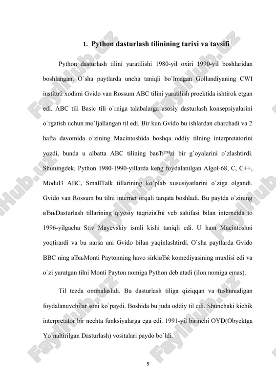 van rossum bu tilni internet orqali tarqata boshladi. bu paytda o`zining вђњdasturlash tillarining qiyosiy taqriziвђќ veb sahifasi bilan internetda to 1996-yilgacha stiv mayevskiy ismli kishi taniqli edi. u ham macintoshni yoqtirardi va bu narsa uni gvido bilan yaqinlashtirdi. o`sha paytlarda gvido bbc ning вђњmonti paytonning havo sirkiвђќ komediyasining muxlisi edi va o`zi yaratgan tilni monti payton nomiga python deb atadi (ilon nomiga emas). til tezda ommalashdi. bu dasturlash tiliga qiziqqan va tushunadigan foydalanuvchilar soni ko`paydi. boshida bu juda oddiy til edi. shunchaki kichik interpretator bir nechta funksiyalarga ega edi. 1991-yil birinchi oyd(obyektga yo`naltirilgan dasturlash) vositalari paydo bo`ldi. bir qancha vaqt o`tib gvido gollandiyadan amerikaga ko`chib o`tdi. uni cnri korparatsiyasiga ishlashga taklif etishdi. u o`sha yerda ishladi va korparatsiya shug`ullanayotgan proektlarni python tilida yozdi va bo`sh ish vaqtlarida tilni interpretatorini rivojlantirib bordi. bu 1990-yil python 1.5.2 versiyasi paydo bo`lguncha davom etdi. gvidoning asosiy vaqti korparatsiyani proektlarini yaratishga ketardi bu esa unga …