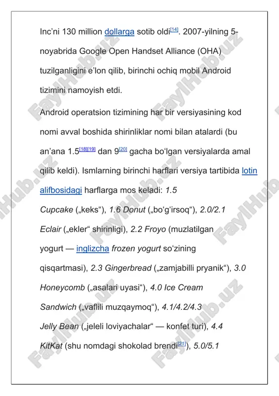 larining kirib kelishi, xalqning texnik vositalarning oxirgi avlodi bilan ta’minlanishi ko’rinarli darajada sezilmoqda. xususan, komp’yuterlar, noutbuklar, telefon apparatlari, turli xildagi dasturiy ta’minotlar shular jumlasidandir. hozirgi kunda jahon mobil telefonlar bozorining 75 % ini android operatsion tizimi xizmalaridan foydalanib kelinmoqda. android — linux yadrosida yaratilgan portativ (tizimli) operatsion tizim boʻlib, kommunikatorlar, planshetli kompyuterlar, elekron kitoblar, raqamli pleyerlar, qoʻl soatlari, netbuklar va smartbuklarda ishlatiladi. google tomonidan sotib olingan android inc. kompaniyasi tomonidan yaratilgan. keyinchalik google tizim rivojlanishi bilan shugʻullanadigan open handset alliance (oha) ittifoqini tuzdi. android yordamida java dasturlarni tuzish mumkin. android native development kit sida va boshqa tillarda yoziladigan dasturlarni yaratadi. 2012-yilning uchinchi choragida sotilgan smartfonlarning 75 % ida android operatsion tizimi oʻrnatilgan edi. 2005-yilning iyulida google korporatsiyasi android inc.firmasini 130 mln. dollorga sotib oladi va o’zi bu operatsion tizimni chiqarishni davom ettiradi. 2007-yilning 5-noyabrida google open handset alliance (oha) tuzilganligini eʼlon qilib, birinchi ochiq mobil android tizimini namoyish etdi. 2008-yilning …