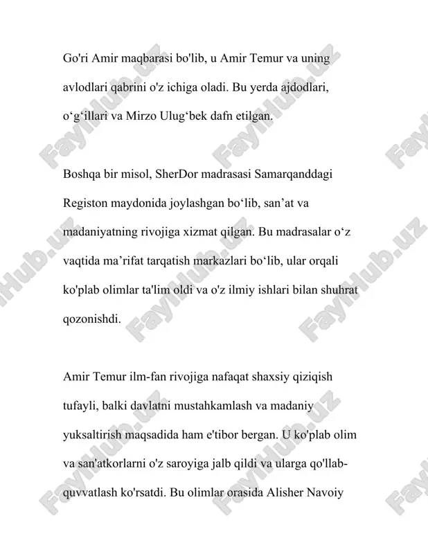 sosiy qo'llanma bo'lib xizmat qilgan. buxoro esa temuriylar davrida muhim diniy va ma'rifiy markaz sifatida tanilgan. shaharda ko'plab madrasa va masjidlar qurilgan bo'lib, ulardan biri - ulug'bek madrasasi bo'lib, u 1417 yilda barpo etilgan. ulug'bek madrasasi o'z davrida ilmlarni chuqur o'rganuvchi o'qituvchilar va talabalar uchun ilmu ma'rifat maskani bo'lib xizmat qilgan. temuriylar davrida buxoroning me'moriy uslubi ham yuqori darajada rivojlangan. masalan, ismoil somoniy maqbarasi (ix-x asrlar) temuriylar davrida qayta rekonstruksiya qilingan va bu inshoot islom me'morchiligida yangi uslublarning kiritilishiga sabab bo'lgan. samarqand va buxoroda qog'oz ishlab chiqarish texnikasi ham rivojlangan edi. samarqand qog'ozi yuqori sifatli bo'lib, bu narsalar nafaqat o'rta osiyo madaniyatida, balki butun islom dunyosida keng tarqalgan. samarqand qog'ozi o'zining mustahkamligi va parlatilganligi bilan ajralib turgan va bu hududning jihatidan eng yuqori darajali mahsuloti kabilardan biri hisoblangan. shuningdek, temuriynoma yozuvi temuriylar davrining adabiy merosiga kiritilgan. "temur tuzuklari" nomi bilan mashhur bu asar temuriylar davlatining siyosiy, ijtimoiy va madaniy hayoti …