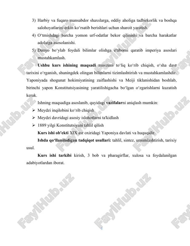 izm – syogunning dini imperatorni ilohiylashtiruvchi yaponlarning qadimiy dini – sintoga qarama-qarshi qo‘yildi. samuraylarning uzoqni ko‘ra bilgan doiralari yaponlarni tashqi xavfga qarshi birlashtira oladigan yagona tayanch – bu imperator taxti, imperator shaxsi ekanligini tushunib etgandilar. yaponiyada aynan shu vaqtda “tennoizm” vujudga kelganligi ham bejiz emas edi. tennoizmning joriy qilinishi yaponlarning din erkinligi an’analarini to‘g‘ridan-to‘g‘ri buzishni anglatardi, chunki yaponlar, ma’lumki, turli dinlarning xudolariga sig‘inardilar.[footnoteref:2] [2: jukov a. e. "yaponiya tarixi", 2-jild, 2018 yil.-b.98] hukmron doiralar tennoizmdan xalq ommasini mafkuraviy bo‘ysundirish quroli sifatida foydalanganlar. tennoizm nafaqat yaponiyaning milliy vazifalarini hal qilishga, balki yaponiyaning keyingi agressiv tashqi siyosatiga ham xizmat qilgan. yaponiyada 1868-yilgi davlat to‘ntarishi tinch yo‘l bilan, qon to‘kilmasdan amalga oshirildi. “guruch isyonlari” deb nom olgan dehqonlarning chiqishlari 1866-yildayoq tinchib qolgan edi. xalqning 1867-1868 yillardagi norozilik chiqishlari yaponiya uchun an’anaviy xarakterdagi diniy marosimlarga oid namoyishlar va turli raqs o‘yinlari edi. bunday chiqishlar ko‘pincha hukmron doiralar tomonidan go‘yoki “ikkita xalq noroziligini chiqarish” uchun …