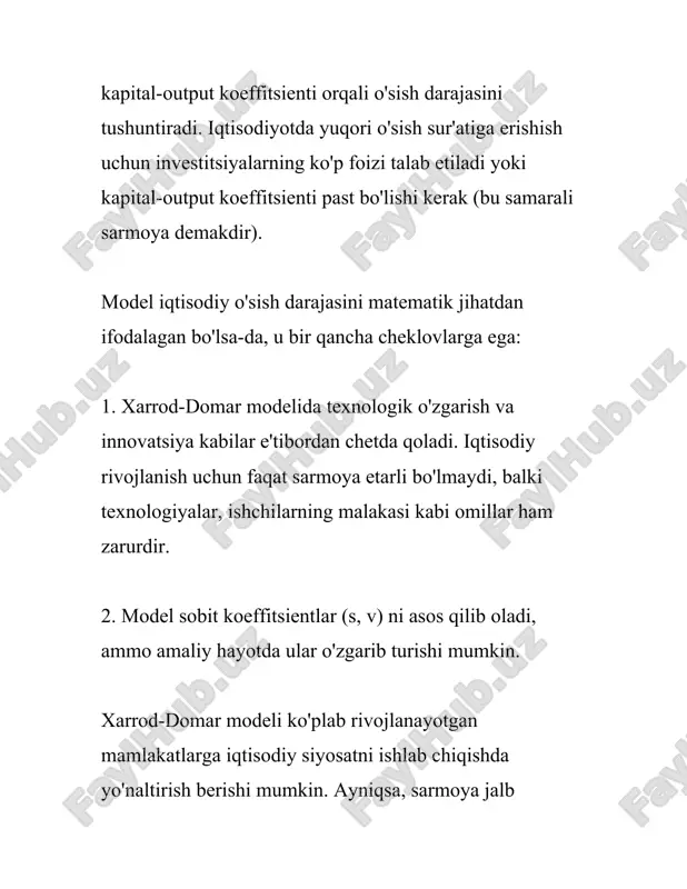 cdot l^{1-\alpha} \] bu erda \(\alpha\) - kapitalning ishlab chiqarishdagi ulushini ko‘rsatuvchi parametr (0 < \(\alpha\) < 1). 2. **kapitalning qimmatlashishi va yangilanib turishi**: kapitalning (k) o‘zgarishi asosan investitsiyalar (i) va amortizatsiya (d) bilan bog‘liq bo‘lib, quyidagi tenglama orqali ifodalanadi: \[ \delta k = i - dk \] bu yerda \(\delta k\) — kapitalning o‘zgarishi, \(d\) — amortizatsiya darajasi. 3. **iqtisodiy o‘sish omillari**: solou modeliga ko‘ra, iqtisodiy o‘sishni ta’minlovchi asosiy omillar quyidagilar: - **mehnat o‘sishi** (n): mehnat resurslari miqdorining o‘sishi. - **texnologik taraqqiyot** (g): uzoq muddatda yuqori iqtisodiy o‘sishni davom ettirish uchun texnologiyaning yangilanib turishi muhim ahamiyatga ega. modelda bu ko‘pincha ekzojen tarzda qabul qilinadi. 4. **muvozanat holatiga yetishish**: solou modelida uzoq muddatda iqtisodiyot bir muvozanat holatiga keladi, bu holatda odam boshiga kapital o‘zgarmaydi (ya’ni, har bir ishchi uchun kapital miqdori barqaror bo‘ladi). bu holatga "barqaror holat" deyiladi. 5. **barqaror holatda iqtisodiy o‘sish**: solou modelida iqtisodiyot barqaror holatga kelganda, odam …