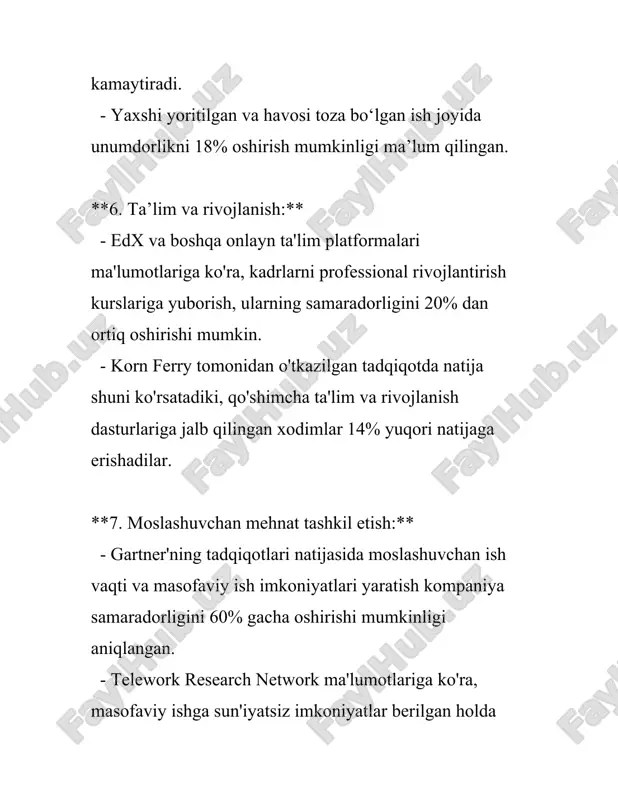 unts for at least 70% of the variance in employee engagement across business units. bu degani, rahbarlar maoshlarning qanchalik sodiq va ishga kirishganligini sezilarli darajada belgilaydi. 2. **nisbiy samaradorlik**: harvard business review ma'lumotlariga ko‘ra, yuqori samarali rahbarlar tashkilot samaradorligini 15-20% oshirishi mumkin. bu raqam rahbarlarning tashkilot muvaffaqiyatiga ta'sirini ko'rsatadi. motivatsiya bo'yicha statistikalar: 1. **ishchi motivatsiyasi**: gallup'inning 2019 yildagi ishchilar motivatsiyasi bo‘yicha o‘tkazgan tadqiqotiga ko‘ra, amerikalik ishchilarning faqat 34% faol ravishda ishga kirishganligi aniqlangan, ya'ni faqat ularning uchdan bir qismi jismonan va aqliy jihatdan o'z ishlariga sodiqdir. 2. **motivatsiyaning samara berishi**: mckinsey & company tahlillariga ko‘ra, yaxshi motivatsiyalangan ishchi kuchi kompaniyaning ishlab chiqarish hajmini 44% gacha oshirishi mumkin. bu raqam motivatsiyaning qanchalik kuchli ta'sirga ega ekanligini ko'rsatadi. rahbarlik va motivatsiya o‘rtasidagi bog‘liqlik: - **demografik omillar**: korn ferry tomonidan o‘tkazilgan tadqiqotda aytilishicha, rahbarlik rolida ayol kishilar rahbarlaridan bo'lgan xodimlarning 66% motivatsiyalanganligini his qilishadi, erkak rahbarlarda esa bu ko'rsatkich 58% ni tashkil qiladi. …