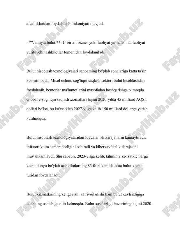 ot berilgan. 1. **infraestructure as a service (iaas)**: iaas xizmatlari foydalanuvchilarga fundamental it infrastrukturasini masofadan turib foydalanish imkoniyatini beradi. bu turdagi xizmatlar ma'lumotlarni saqlash, virtual mashinalar va tarmoq resurslarini o'z ichiga oladi. adabiyotlarda aytilishicha, 2021-yilda iaas bozori o'sish sur'ati 27.5% ga yetgan va 80 milliard aqsh dollariga yaqin qiymatga ega bo'lgan. taniqli iaas provayderlari amazon web services (aws), microsoft azure va google cloud platformni o'z ichiga oladi. 2. **platform as a service (paas)**: paas tashkilotlar va dasturchilar uchun dasturlarni ishlab chiqish va keyinroq joylashtirish imkoniyatlarini taqdim etuvchi platformadir. bu xizmat dasturiy ta'minot ishlab rivojlantirish va sinov qilish uchun zarur bo'lgan vositalar va infrastrukturani taqdim etadi. paas xizmatlari global ravishda yillik 26% o'sish bilan 2020-yilda qariyb 60 milliard dollarga erishgan. microsoft azure app services, google app engine va heroku singari xizmatlar bu segmentda mashhur. 3. **software as a service (saas)**: saas xizmatlari foydalanuvchilarga dasturiy ta'minotdan internet orqali foydalanish imkoniyatini beradi. bu …