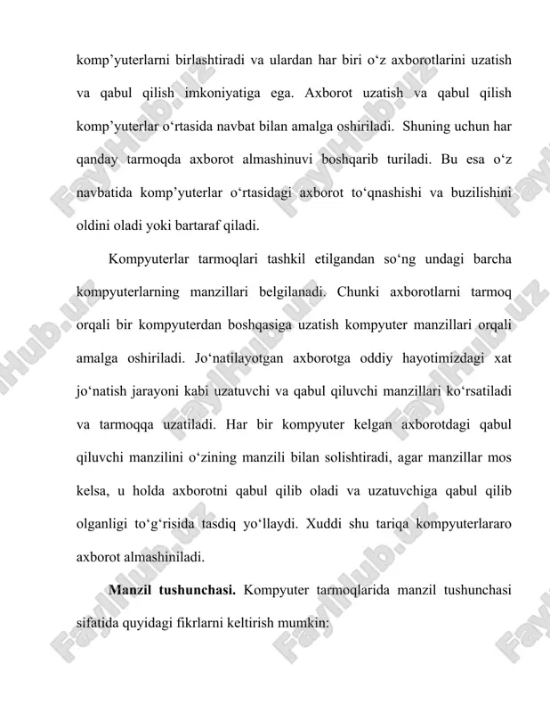 tezlik tushunchasi, birliklari va axborot kanallari sig‘imi. ma’lum vaqt oralig‘ida aloqa muhitlari orqali uzatiladigan axborot hajmi - uning uzatilish tezligini belgilaydi. xar qanday harakatlanuvchi jism va modda uchun tezlik tushunchasi va uning o‘lchov birliklari mavjud bo‘lganidek, axborotning ham uzatish tezligi hamda o‘lchov birliklari mavjuddir, bular: · bit/sekund – bir soniyada aloqa muhiti orqali uzatiladigan bitlar soni; · kbit/sekund – bir soniyada aloqa muhiti orqali uzatiladigan minglab yaxlitlangan bitlar soni; · mbit/sekund – bir soniyada aloqa muhiti orqali uzatiladigan millionlab yaxlitlangan bitlar soni; · gbit/sekund – bir soniyada aloqa muhiti orqali uzatiladigan milliardlab yaxlitlangan bitlar soni. axborot kanallarining sihimi ular orqali ma’lum vaqt oralig‘ida uzatiladigan axborot hajmi bilan belgilanadi. bu o‘z navbatida axborot kanallarining o‘tkazish qobilyatini anglatadi. kompyuterning salbiy va ijobiy tomonlari. kompyuterdan foydalananish bo‘yicha ma’lum me’yorlar, qoidalar va talablar mavjud. bunga kompyuterning joylashishi, xonaning yorug‘ligi, havo almashishiga bo‘lgan talablar va texnika xavfsizligi qoidalari kiradi. kompyuter ishlash vaqtida o‘zidan elektromagnit to‘lqinlarni …