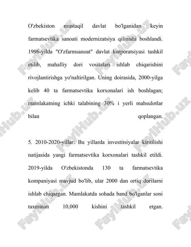ariqasida, 2018-yilda ishlab chiqarish hajmi 300 million dona dorivor vositalar bo'lgan bo'lsa, 2021-yilda bu ko'rsatkich 500 million donaga yetdi. o'zbekiston respublikasida 200 dan ortiq farmatsevtika kompaniyasi mavjud bo'lib, ulardan 84 tasi mahalliy kapitalga ega va qolganlari xorijiy investitsiyalar asosida ishlaydi. import qilingan mahsulotlar asosan rossiya, hindiston, germaniya va xitoy kabi mamlakatlardan kirib keladi. ular tarkibida antibiotiklar, analgetiklar, vitaminlar va boshqa dorivor vositalar mavjud bo'lib, ushbu mahsulotlar farmatsevtika bozorining katta qismini tashkil qiladi. 2021-yilda o'zbekistonga import qilingan farmatsevtik mahsulotlar qiymati 700 million aqsh dollaridan oshgan. farmatsevtika sanoati rivojlanishida davlat tomonidan berilgan soliq imtiyozlari muhim o'rin tutadi. 2017-yildan boshlab, o'zbekistonda mahalliy farmatsevtika ishlab chiqaruvchilari uchun soliq imtiyozlari va bojxona bojlardan ozod etish amaliyoti joriy qilingan, bu esa yangi ishlab chiqarish korxonalarining tashkil etilishiga va samaradorlikni oshirishga turtki berdi. yana bir muhim jihat, o'zbekistondagi dori-darmonlar ishlab chiqarish sohasida mahalliy sifatni nazorat qilish tizimining takomillashtirilishi hisoblanadi. davlat tomonidan 2020-yilda qabul qilingan farmatsevtik mahsulotlar sifatini …