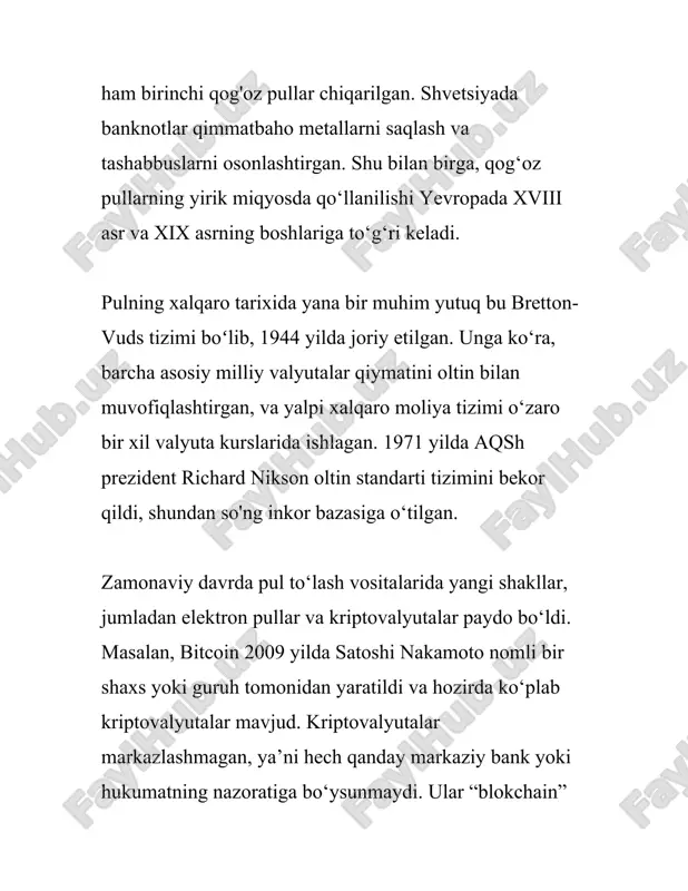 iqtisodiyotda keng ko'lamda foydalaniladi va to'lov vositasi sifatida katta muhim ahamiyatga ega. naqd pul asosan jismoniy savdolarda, bozor muomalalarida qo‘llaniladi va ko‘pincha elektron vositalardan uzoq bo‘lgan joylarda asosiy to‘lov vositasi vazifasini o‘taydi. 2. **elektron pul:** elektron pul zamonaviy texnologiyalar yordami bilan vositalashgan, raqamli ko‘rinishdagi moliyaviy aktivdir. ular quyidagilar kiradi: - **bank kartalari:** kredit va debet kartalari orqali yuritiladi. ular naqd pulga alternativa bo'lib, savdo va xizmat ko'rsatishlarning ko'pchiligi uchun qulaylik va xavfsizlikni ta'minlaydi. - **to'lov tizimlari:** paypal, apple pay, google wallet kabi raqamli to'lov tizimlari ham elektron pul vositalariga kiradi. bu xizmatlar orqali odamlar global miqyosda to'lovlarni amalga oshirishlari mumkin. elektron pul turli bank hisob raqamlari, elektron hamyonlar orqali saqlangan va o‘tkazilgan mablag’larni ifodalaydi. u an’anaviy naqd pulga nisbatan qulayroq va tezkor hisoblanadi, ayniqsa xalqaro to‘lovlarda. 3. **virtual valyutalar:** virtual valyutalar to'liq raqamli ko'rinishga ega bo'lib, markazlashmagan va odatda, biror iqtisodiy tizim yoki davlat tomonidan nazorat qilinmaydi. bu turda, asosan …