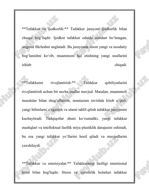 ishda insonlar ko'pincha abstrakt tafakkurdan foydalanadi. masalan, matematik tenglamalarni tushunish va ular bilan ishlashda bu tafakkur turi muhim rol o'ynaydi. 2. **konkret tafakkur**: konkret tafakkur real ob'yektlar va vaziyatlar bilan ishlaydi. bolalar, odatda, rivojlanishining dastlabki bosqichlarida konkret tafakkurdan foydalanadilar. masalan, ular qo'g'irchoqlar yoki o'yinchoqlar bilan o'ynaganda, o'z tajribalaridan foydalanishadi. 3. **kreativ tafakkur**: kreativ tafakkur yangi g'oyalar va echimlar yaratishni o'z ichiga oladi. bu tafakkur turi odatda san'atkorlar, yozuvchilar va boshqa ijodkor shaxslarda yuqori rivojlangan bo'ladi. kreativ tafakkur orqali insonlar yangi kashfiyotlar, san'at asarlari va texnologiyalar yaratadilar. 4. **kritik tafakkur**: kritik tafakkur tahlil qilish, baholash va tanqidiy yondashuv orqali tashqi ma'lumotlarni qayta ko'rib chiqishdir. bu tafakkur turi qaror qabul qilish jarayonida muhim bo'lib, insonlar ma'lumotlarga tanqidiy yondashib, ularning barda sifat asosida baholab ketadilar. 5. **ilmiy tafakkur**: ilmiy tafakkur tadqiqot va eksperimentlar orqali yangi bilimlarni tadqiq qiladi. olimlar va tadqiqotchilar ilmiy tafakkurdan keng ko'lamda foydalanadilar. bu tafakkur turi mantiqiy va strukturaviy yondashuv …