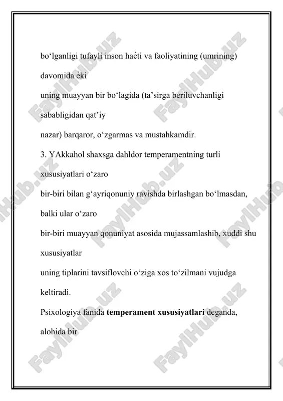 ri jihatidan o‘zaro o‘xshash shaxslarning guruhi mavjudligi namoѐn bo‘ladi. bu asnoda eramizdan oldingi davrda ham temperament tiplari to‘g‘risida materiallar to‘plangan. i.p. pavlov ta’limoti bo‘yicha nerv sistemasi tiplarining va gippokrat ta’limoti bo‘yicha temperamentning o‘zaro munosabatlari temperament tiplari nerv sistemasining kuchi nerv tizimining muvozanati nerv tizimining ildamligi xolerik kuchli jo‘shqin muvozanatsiz qizg‘in serharakat sangvinik kuchli serharakat muvozanatli serharakat flegmatik kuchli vazmin muvozanatli inert (sust) melanxolik kuchsiz muvozanatsiz tormozli serharakat ѐki inert ularda temperament tipi deyilganda, insonlarning muayyan guruhlarini tavsiflovchi psixik xususiyatlarning yig‘indisi (majmuasi) tushuniladi. hozirgi davrda temperament tipi deganda, ma’lum insonlar guruhi uchun umumiy bo‘lgan xususiyatlarning sodda majmuasi emas, balki mazkur xususiyatlarning qonuniy, zaruriy o‘zaro bog‘liqligi tushuniladi. temperament tipini tavsiflovchi xususiyatlarning qonuniy tarzda o‘zaro bog‘liqligi quyidagicha aks etishi mumkin. turli temperament tipiga mansub insonlarda har xil xarakter xususiyatlari, shaxs sifatlari, holatlari ro‘y beradi. temperament tiplariga mos xususiyatlarni muhimlari quyidagi jadvalda aks ettiriladi. sangvinik yuksak reaktivlik. bo‘lar-bo‘lmas narsalarga qattiq xoxolab kulaveradi. muhim bo‘lmagan …
