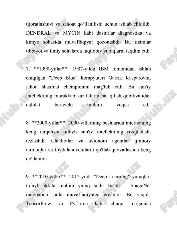 birinchi marta 1940-1950-yillarda paydo bo‘ldi. 1943-yilda bosh miya neyronlarini tavsiflash uchun matematik modellar taklif qilindi. 1958-yilda frank rosenblatt perceptron deb atalgan birinchi ishlay oluvchi neyron modelini yaratdi. bu model o‘sha davrda juda oddiy bo‘lsada, bugungi kunda sofist ikki bosqichli algoritmlarning paydo bo‘lishiga zamin yaratgan. 2. **neyron tarmoqlarning turlari**: neyron tarmoqlarni ikki asosiy kategoriya — feedforward va recurrent neyron tarmoqlarga bo‘lish mumkin. feedforward neyron tarmoqlar eng oddiy struktura bo‘lib, ma'lumot bir yo‘nalishda harakatlanadi. recurrent neyron tarmoqlar o‘zida o‘tgan holatlar haqida ma'lumot saqlaydi va vaqtga bog‘liq ketma-ketliklarini qayta ishlaydi. 3. **asosiy komponentlar**: neyron tarmoqlar bir-birlariga bog‘langan sun'iy neyronlar yoki "tugunlar"dan tashkil topgan. har bir sun'iy neyron kirish va chiqish xattolariga ega va impulslarni boshqa sun'iy neyronlarga uzatadi. neyronlar qatlami — kirish qatlami, yashirin qatlamlar va chiqish qatlamidan tashkil topadi. yashirin qatlamlar tarmoqning chuqurligini belgilaydi. 4. **parametrlar va o‘qitish jarayoni**: neyron tarmoqlarni o‘qitish yo‘lida ko‘plab parametrlar, jumladan, vaznlar (weights) va og‘ishlar (biases) o‘rganiladi. …