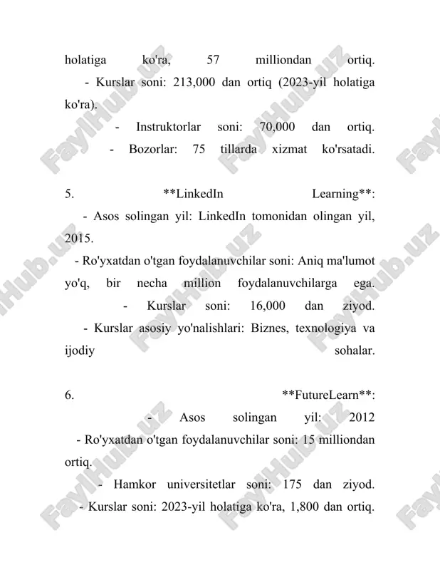 idan foydalanishni talab qilish sababli talabalar komp'yuterlar va internet bilan yanada ko'proq tajriba hosil qiladi. bu esa ularga zamonaviy ish o'rinlarida ko‘pik talab qilinadigan texnik ko‘nikmalarni o‘zlashtirishga yordam beradi. 6. **moslashuvchan jadval**: masofaviy ta'lim talabalar uchun darslarni o‘z vaqtiga moslashtirish imkoniyatini beradi. statistik ma’lumotlarga ko‘ra, masofaviy ta'lim oluvchilarning 70% dan ortig‘i ta’lim jarayonini ish, oila va boshqa majburiyatlarga moslashtira oladi. 7. **talabalar sonidagi cheklovlarning yo‘qligi**: an’anaviy ta'limda auditoriya hajmi yoki boshqa infratuzilma cheklovlaridan kelib chiqib talabalar soniga chegaralar qo‘yiladi. masofaviy ta'lim esa bunday cheklovlardan xoli bo‘lganligi sababli bir darsda minglab talabalar qatnashishi mumkin. 8. **turli manbalarga kirish imkoniyati**: masofaviy ta'lim resurslari qo‘shimcha materiallarga, onlayn kutubxonalarga, ilmiy maqolalarga kirish imkonini beradi, bu esa o‘quvchilar bilimini kengaytiradi va mustaqil o‘qish ko‘nikmalarini oshiradi. 9. **o‘qituvchilarning malakasini oshirish**: masofaviy ta'lim o‘qituvchilarni yangi pedagogik texnologiyalar bilan tanishtiradi va ularga o‘z metodikalarini oshirishlari imkonini beradi. bu afzalliklar masofaviy ta'limning kelajakdagi rivojlanishi va ommaviylashishiga turtki bo‘ladi. masofaviy …