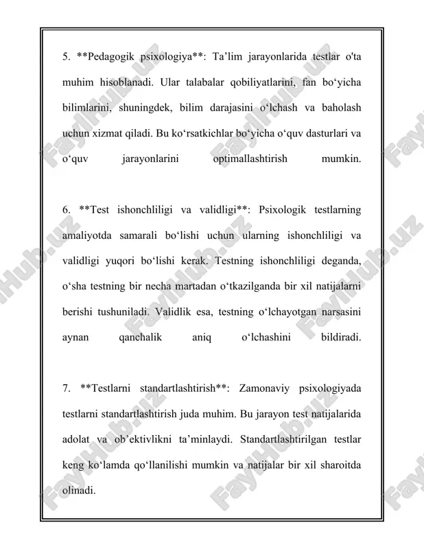 atlarini aniqlash 3. test metodi yordamida shaxs xususiyatlarini aniqlash mavzusi bo'yicha bilim va statistika bilan boyitilgan ma'lumotlar quyidagi tarzda taqdim etiladi. shaxs xususiyatlarini aniqlashda test metodlaridan foydalanish psixologiya sohasida keng qo'llaniladigan yondashuvlardan biridir. bu usullar insonlarning individual xususiyatlarini o'rganish va ular haqida chuqurroq tushuncha hosil qilish imkonini beradi. birinchidan, shaxs xususiyatlarini aniqlash uchun qo'llaniladigan test usullari ichida eng mashhurlari psixologik so'rovnomalar (mmpi - minnesota multiphasic personality inventory) hamda "besh katta yetakchi" (big five) modellari kabilardir. minnesota ko'p fazali shaxs inventariyasi (mmpi) 1943 yilda starke r. hathaway va j. c. mckinley tomonidan ishlab chiqilgan bo'lib, 567 savoldan iborat bo'lgan bu test turli xil psixologik buzilishlarni aniqlashda keng qo'llaniladi. hozirgi kunda ushbu testdan aqshda turli sohalarda, jumladan sud-psixologiyasida keng foydalaniladi. ikkinchidan, besh katta yetakchi modeli insonning beshta asosiy shaxsiy xususiyatini o'lchash uchun foydalangan nazariyadagi test hisoblanadi. bu beshta xususiyat quyidagilarni o'z ichiga oladi: ekstravertlik, kelishuvchanlik, vijdonlilik, emotsional barqarorlik hamda ochiqlik. ushbu sifatlarni …