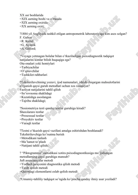 -10 yoshlarda =3-9 yoshlarda ?qanday holda yangi test validlikka ega deb hisoblanadi yangi va eski testlar o‘tkazilganda test natijalari bir-biriga mos tushsa. =agar testdagi natijalar har xil sinaluvchiga mos tushsa. =agar testlar har xil guruhdagi kishilarga tavsiya etilsa. =test o‘tkazish protsedurasi yuqori darajaga ko‘tarilgan bo‘lsa. ?amerikalik psixologlar r.kettel va d.karl intellektni tashkil qiluvchi qanday tarkibni ajratib ko‘rsatadi flyudli va kristallashgan. =magnitli, faktorli. =ishonchli va validli. =asosli va mantiqli. ?t. gilfordni intellekt modeli qanday faktorlardan iborat fazoviy qobiliyat, idrokning tezligi sonli materialni o‘rganish yengilligi, so‘zlarni tushuntirish, assotsiativ xotira, nutqning o‘ynoqligi, mulohaza qilish. =assotsiativ xotira, nutqning o‘ynoqligi, fikr yuritishning tezligi. =fazoviy qobiliyat, idrokning tezligi sonli materialni o‘rganish =idrokning tezligi sonli materialni o‘rganish ?psixodiagnostika nimani o‘rganadi? shaxs individual-psixologik xususiyatlarini o‘lchash va aniqlash metodlarini ishlab chiqishni. =rivojlanish dinamikasi va ularga ta’sir etuvchi omillarni. =o‘quvchilardagi tipologik buzilishlarni. =o‘quvchi shaxsini va uning individual xususiyatlarini ?psixodiagnostika fanining birinchi davri qaysi yillarin o‘z ichiga oladi? 1920-1936 yillarni =1910-1916 …