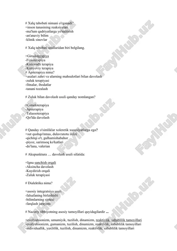 -toshlar va minerallar bilan davolash # toshlar va minerallar bilan davolash nima deb ataladi? +litoterapiya -apiterapiya -gidroterapiya -floraterapiya # aromaterapiya nechta usulda qo’llaniladi? +3ta -5ta -8ta -4ta # fitoterapiya-bu……. +o’simlik bilan davolash -gullar bilan davolash -suv bilan davolash -zuluk bilan davolash # xiropraktikani nechinchi yilda ixtiro qilingan? +1890 -1889 -1896 -1885 # tan sulolasi davrida(618-907) xitoylik shifokorlar qaysi yuqumli kasallikni aniqlashgan? +moxov -sil -vabo -qizamiq # kasalliklarni davolashda xitoy tibbiyoti eng ko’p nimaga e’tibor beradi? +profilaktikaga -etiologiyasiga -davolashga -patogeneziga # o'zbekiston respublikasi prezidentining «o‘zbekiston respublikasida xalq tabobati sohasini tartibga solish chora-tadbirlari to‘g‘risida»gi qarori qachon qabul qilingan? +2018 yil 12 oktabr -2018 yil 10 aprel -2018 yil 20 aprel -2017 yil 12 aprel # toshkent tibbiyot akademiyasi qoshidagi xalq tabobati markazining tantanali ochilish marosimi qachon bo'lgan? +2018 yil 27 noyabr -2018 yil 12 oktyabr -2018 yil 10 aprel -2018 yil 20 aprel # qadimgi xitoyda eng keng tarqalgan davolash usuli: +qarama-qarshi …