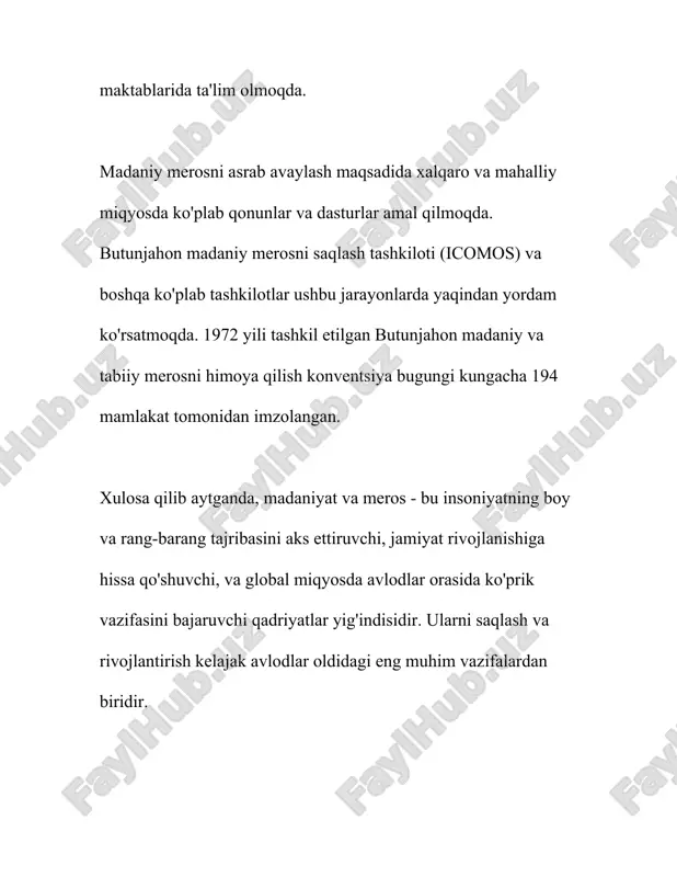 a. 2018 yilda o'zbekiston respublikasi prezidenti qarori bilan "madaniy meros obyektlarini asrash va ulardan foydalanishni yanada takomillashtirish uchun chora-tadbirlar dasturi" tasdiqlandi. bu dastur doirasida madaniy meros obyektlarini ta'mirlash va restavratsiya qilish maqsadida 500 milliard so'm ajratildi. shuningdek, 2020 yilga qadar 100 dan ortiq yodgorlik to'liq ta'mirlandi. statistik ma'lumotlarga asoslaniladigan bo'lsak, o'zbekistonda madaniy meros obyektlariga tashrif buyuruvchilar soni yildan-yilga ortib bormoqda. 2019 yilda madaniy yodgorliklarga umumiy tashrif buyurganlar soni 2 milliondan oshdi. bu esa chet ellik sayyohlarning o'zbekistonning boy madaniy merosi bilan tanishishga bo'lgan qiziqishining oshib borayotganini ko'rsatadi. bundan tashqari, 2017 yildan buyon o'zbekistonda "madaniyat va san'at forumi" tashkiloti faoliyat ko'rsatmoqda. ushbu forum madaniy merosni saqlash va uni targ'ib qilish, yoshlarni madaniy me'ros bilan yaqindan tanishtirish hamda xalqaro hamkorlikni rivojlantirish maqsadida ish olib bormoqda. forum tomonidan 2020-2023 yillarda 50 dan ortiq xalqaro konferensiya va seminarlar tashkil etildi. madaniy merosning avlodlarga etkazilishi masalasida oav (ommaviy axborot vositalari) ham katta ahamiyatga ega. milliy …