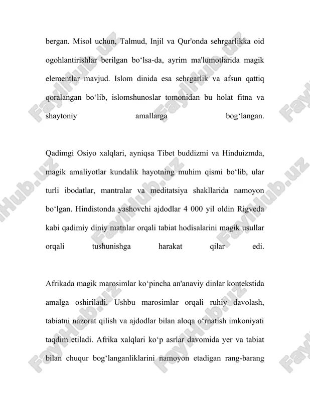 n rangli kukunlar bo'lib, ular ruhiy himoya va marosimiy poklikni ifodalaydi. - **agarbatti (xushbo'y cho'plar):** bu cho’plar yoga va meditatsiya vaqti sham yoqilganda xushbo'y tutatqi beradi. ular marosimlarga bag’ishlangan muhitni yaratishda ishlatiladi. 3. **islom dinidagi atributlar:** - **tasbeh:** sanoqli boncuklar zanjiri bo'lib, zikr uchun ishlatiladi. ular odatda 33, 66 yoki 99 ta boncuklardan iborat bo'lib, islomiy zikrlar, masalan, "subhanallah", "alhamdulillah", "allahu akbar" kabi iboralarni takrorlash uchun ishlatiladi. - **misvak:** tish tozalash uchun ishlatiladigan tabiiy cho’tka bo’lib, islomda sunnat deb hisoblanadi va bu marosimiy poklik uchun yuqori qiymatga ega. 4. **yahudiy dinidagi atributlar:** - **menorah:** yetti yoki to’qqiz shamli ibodat shamdan iborat bo’lib, yahudiy marosimlarida, xususan xonuka bayramida ishlatiladi. - **tallit:** ibog'liq vaqt ibodatida kiyiniladigan zam shag'ap bo’lib, ibodatchiga diniy majburiyatini eslatib, 'to'rt burchi' bo’ylab iplar ishlatiladi. 5. **xristian dinidagi atributlar:** - **xoch:** xristian dinidagi eng muhim diniy ramz xilma-xil marosimlarda, jumladan suvga cho'mish va ibodatlarda ishlatiladi. - **muqaddas suv:** kalit …