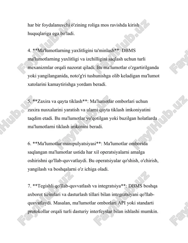 anatory (birinchi miqdoriy, keyin sifatli) - sequential exploratory (birinchi sifatli, keyin miqdoriy) har bir usulning o‘ziga xos afzallik va kamchiliklari bor va tanlov amalga oshirilayotgan tadqiqotning xususiyatlariga bog‘liq. 4. **ma'lumotlar to'plash jarayonida e'tibor beriladigan jihatlar** - **ishonchlilik**: tahlil qilinayotgan ma'lumotlar ishonchli manbalardan kelishi kerak. - **validlik**: yig'ilgan ma'lumotlar tadqiqotning maqsadlariga muvofiq bo'lishi kerak. - **maxfiylik**: respondentlar va ularning javoblari to'liq maxfiy saqlanishi zarur. 5. **ma'lumotlarni tahlil qilish usullari** - statistik tahlillar (spss, sas, r kabi dasturlar yordamida) - matn tahlili (nvivo, atlas.ti kabi dasturlar yordamida) - vizualizatsiya (tableau, power bi kabi vositalar yordamida) yuqoridagi usullar va yondashuvlar, ma'lumot yig'ishni aniqlash va to'plashda muhim ahamiyatga ega bo‘lgan usullardan eng keng qo‘llaniladiganlaridir. ma'lumotlarning aniq va ishonchli bo'lishi, tadqiqot natijalari muvaffaqiyatini ta'minlashda hal qiluvchi o‘rin tutadi. 3. ma'lumotlarni tozalash va ishlov berish ma'lumotlarni tozalash va ishlov berish jarayonlari birinchi navbatda murakkab va chuqur tushunchalarni talab qiladigan muhim masalalardan biri hisoblanadi. bu jarayonlar ma'lumot …