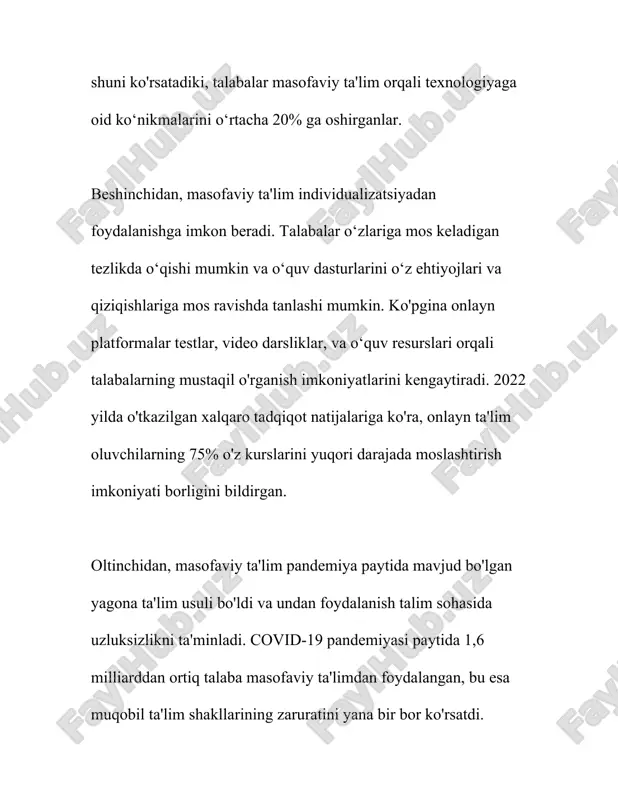 arish uchun ko'plab omillarni hisobga olish kerak. birinchidan, ta'lim jarayonini rejalashtirishda aniq maqsadlar va natijalar belgilanishi kerak. jahon banki ma'lumotlariga ko'ra, samarali ta'lim platformalari aniq va o'lchanadigan ta'lim maqsadlari bilan ishlaydi. bu maqsadlar uddalash mumkin bo'lgan vazifalarga aylantirilishi lozim. masalan, 2020-yilda amerikadagi ta'lim muassasalarining 77% qismi ta'limni onlayn formatga o'tkazishda qiyinchiliklarga duch kelgan, shuning uchun aniq rejalar ishlab chiqish zaruratli hisoblanadi. ikkinchidan, texnik infratuzilmani rivojlantirish muhimdir. unesco ma'lumotlariga ko'ra, jahon bo'ylab 1,5 milliarddan ortiq o'quvchi pandemiya davrida maktablar yopilganda onlayn ta'limga o'tishiga to'g'ri keldi. bu jarayonda internetga ulangan kompyuterlar, planshetlar va smartfonlar kabi qurilmalarga egalik darajasi muhim ahamiyat kasb etadi. 2021-yilda o'zbekistonda aholining 71% internetga ulanish imkoniyatiga ega bo'lgan, lekin bu natijalar hamon takomillashtirilishi kerak. uchinchidan, o'qituvchilarni onlayn ta'lim uchun tayyorlash zaruratlidir. ta'lim jarayonlari uchun kerakli ko'nikmalarga ega bo'lish o'qituvchilar samaradorligini oshiradi. masalan, 2021-yilgi so'rovnoma natijalariga ko'ra, o'zbekistonda o'qituvchilarning faqat 35% qismi onlayn ta'lim uchun yetarlicha tayyorlandi, boshqa davlatlardagi ko'rsatkichlar …